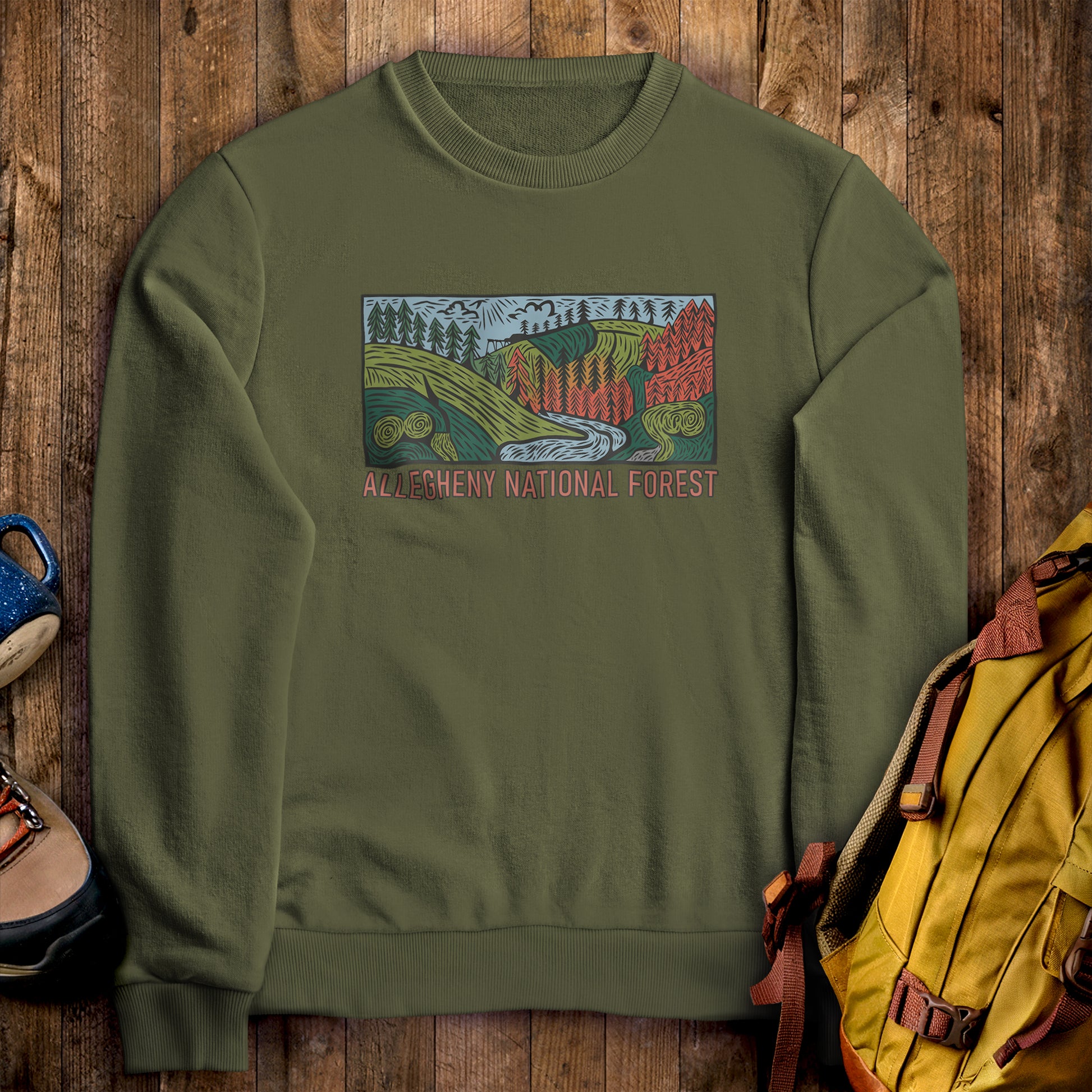 Allegheny National Forest Crewneck Sweatshirt Military Green Adventure and Outdoors Themed Sweatshirt