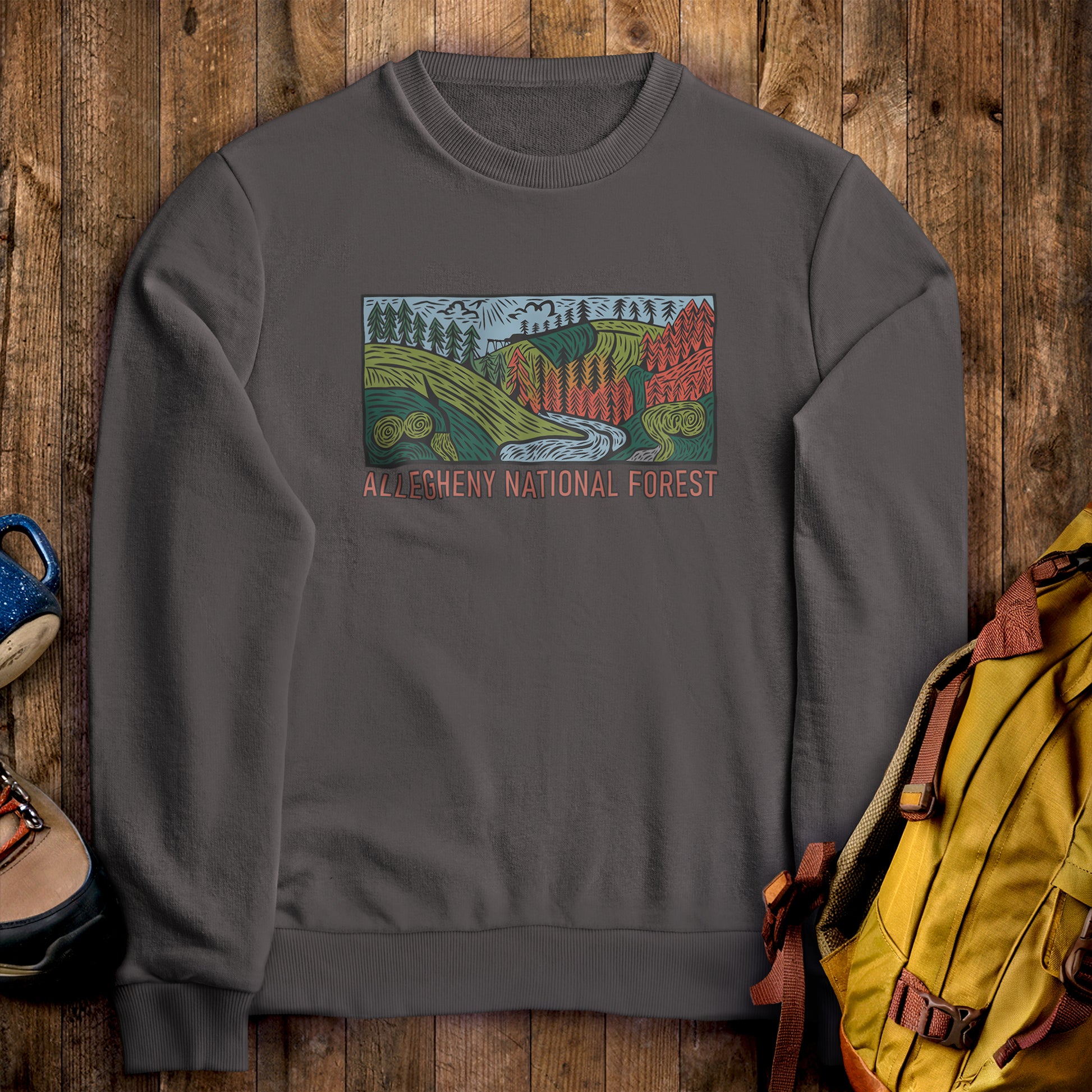 Allegheny National Forest Crewneck Sweatshirt Charcoal Adventure and Outdoors Themed Sweatshirt