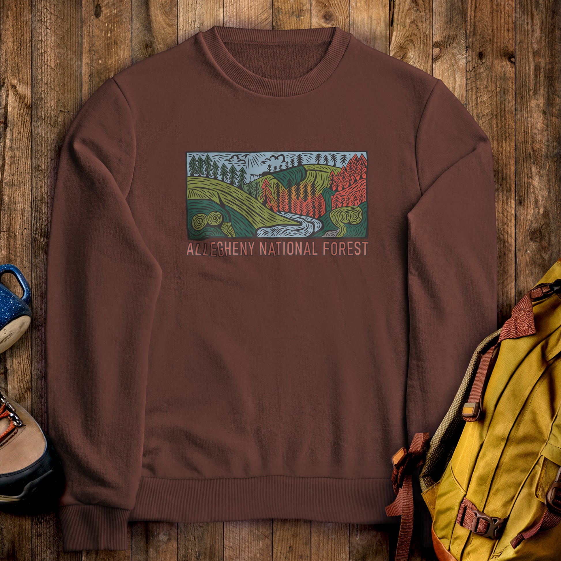 Allegheny National Forest Crewneck Sweatshirt Cocoa Adventure and Outdoors Themed Sweatshirt