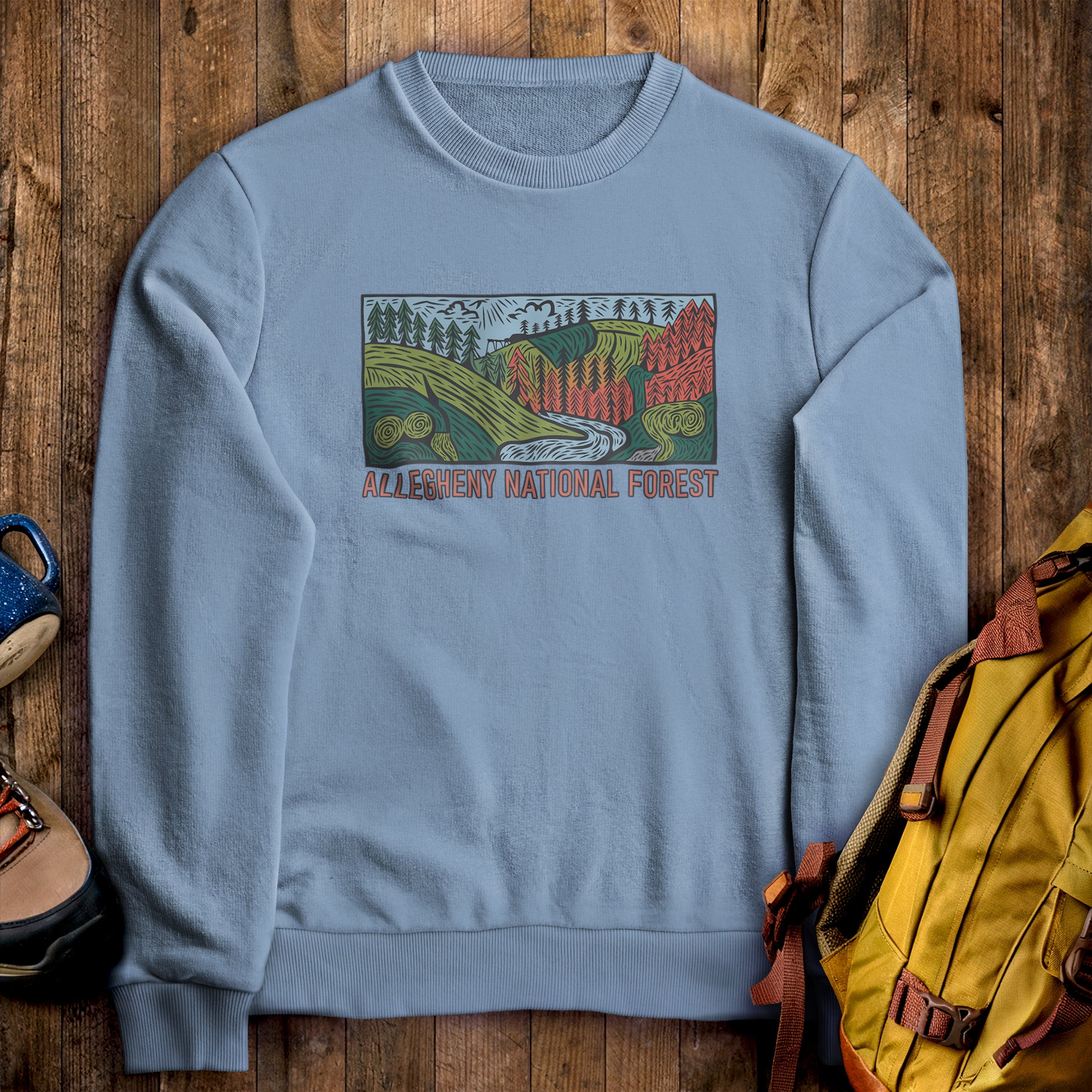 Allegheny National Forest Crewneck Sweatshirt Stone Blue Adventure and Outdoors Themed Sweatshirt