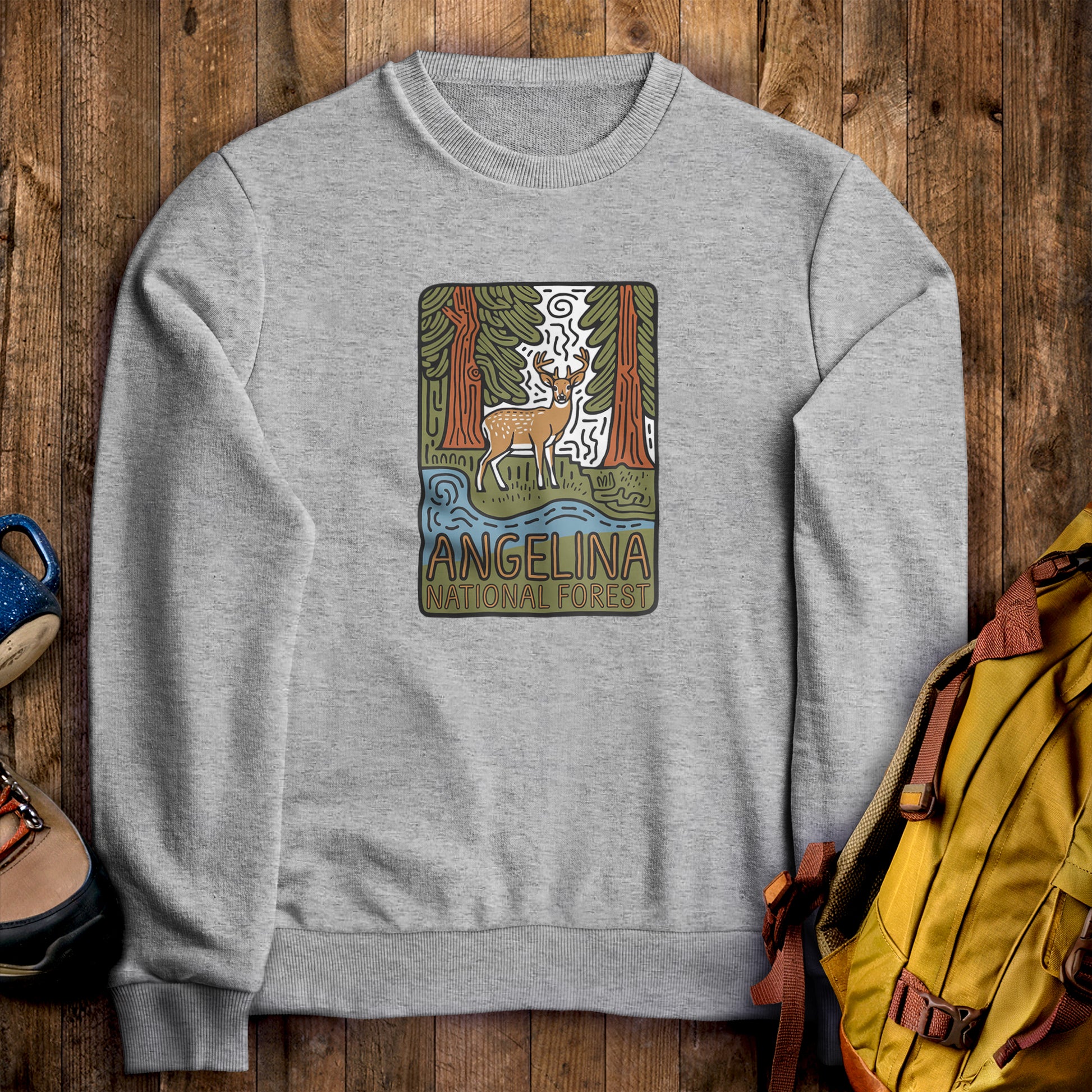 Angelina National Forest Crewneck Sweatshirt Sport Grey Adventure and Outdoors Themed Sweatshirt