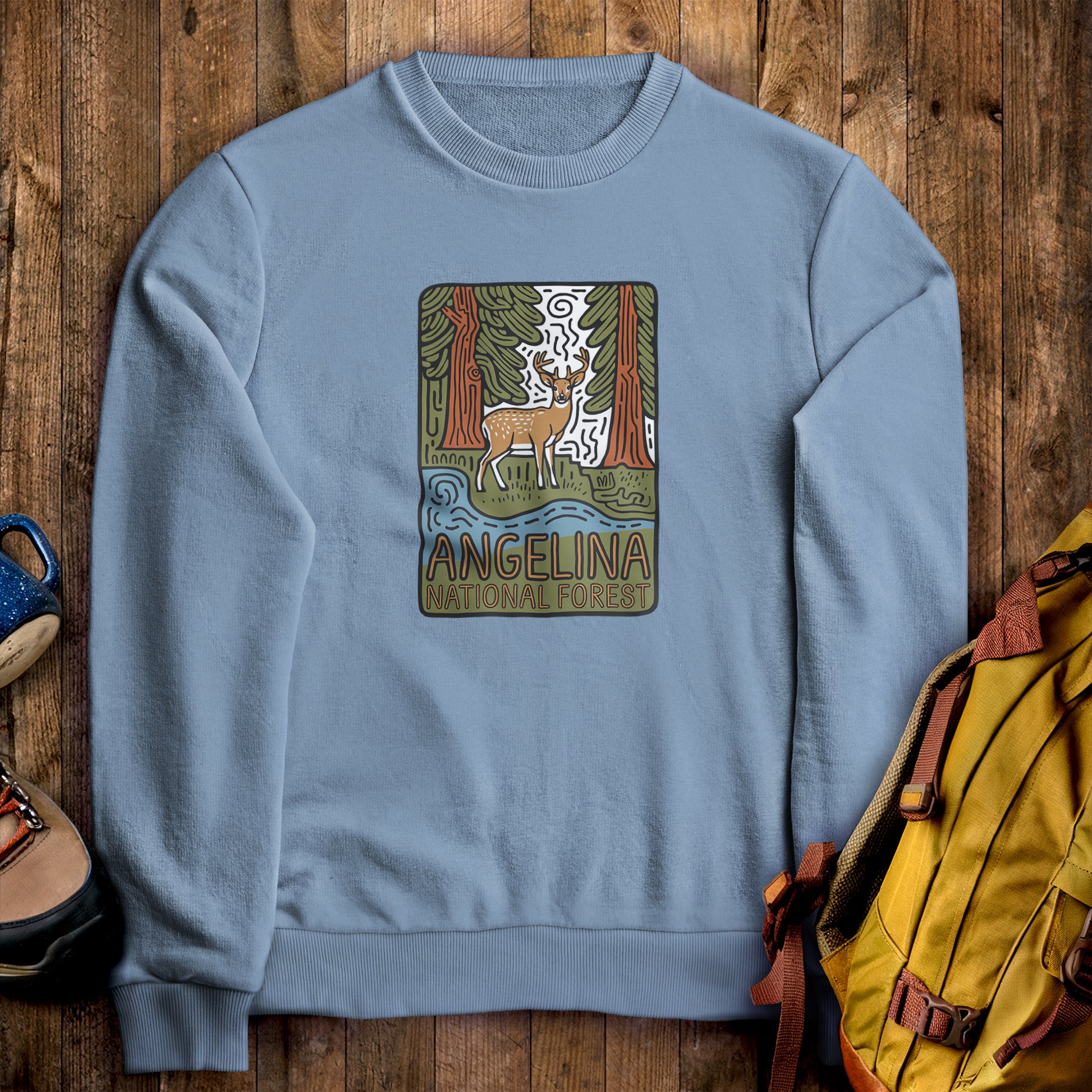 Angelina National Forest Crewneck Sweatshirt Stone Blue Adventure and Outdoors Themed Sweatshirt