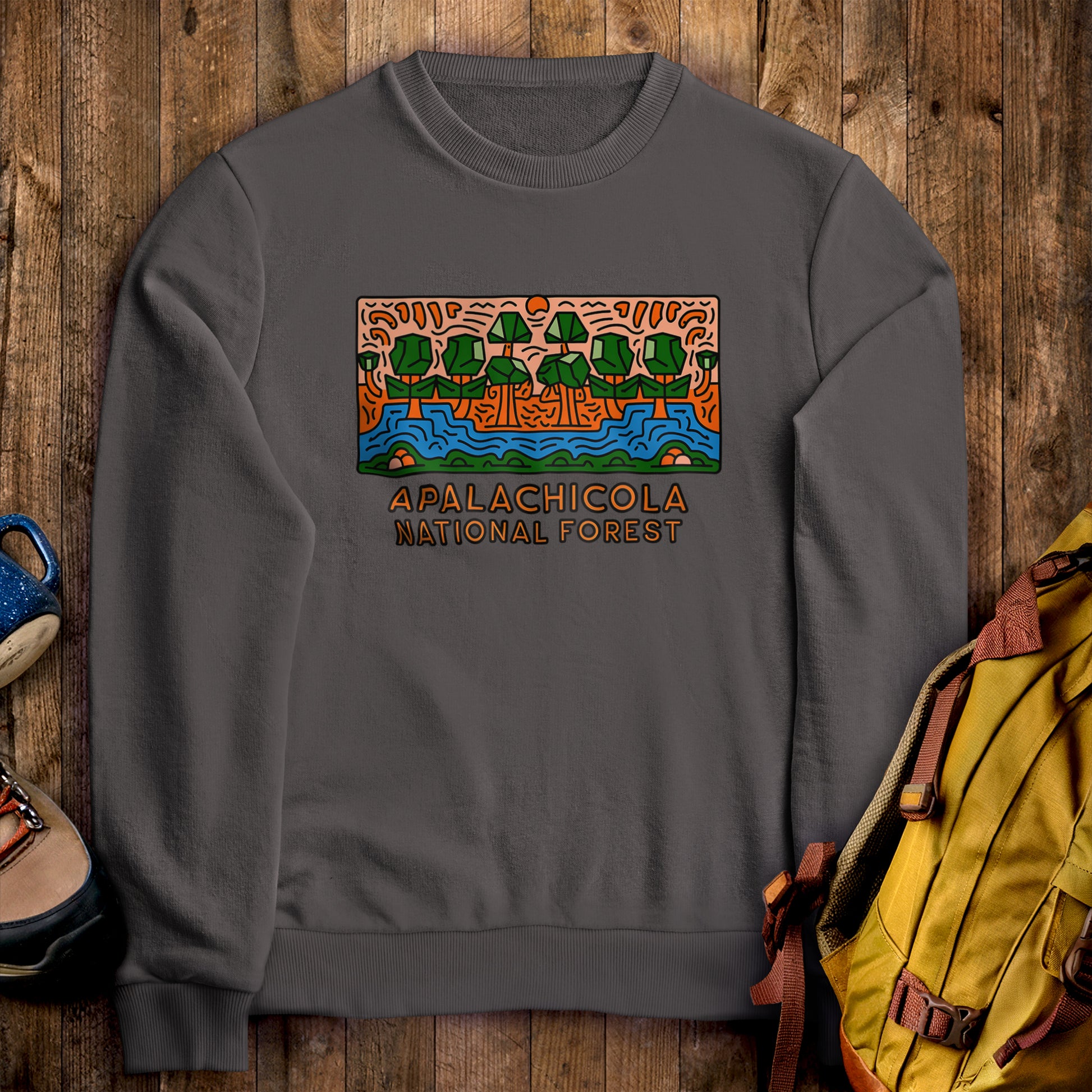 Apalachicola National Forest Crewneck Sweatshirt Charcoal Adventure and Outdoors Themed Sweatshirt