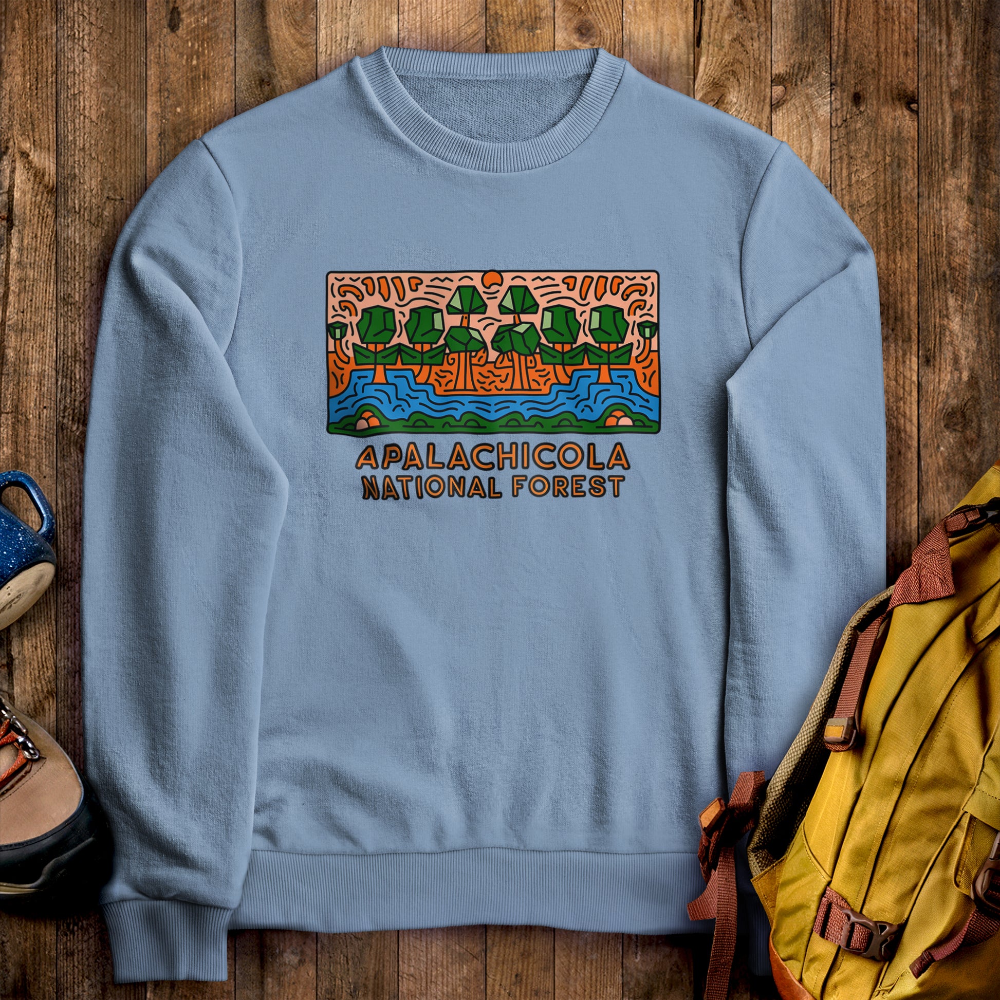 Apalachicola National Forest Crewneck Sweatshirt Stone Blue Adventure and Outdoors Themed Sweatshirt