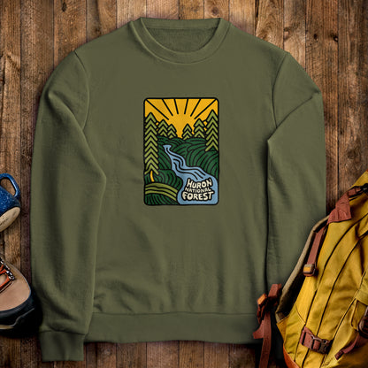 Huron National Forest Crewneck Sweatshirt Military Green Adventure and Outdoors Themed Sweatshirt