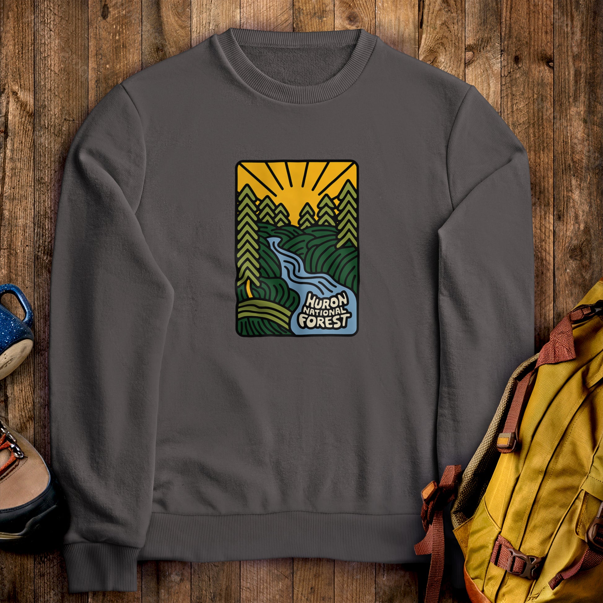 Huron National Forest Crewneck Sweatshirt Charcoal Adventure and Outdoors Themed Sweatshirt