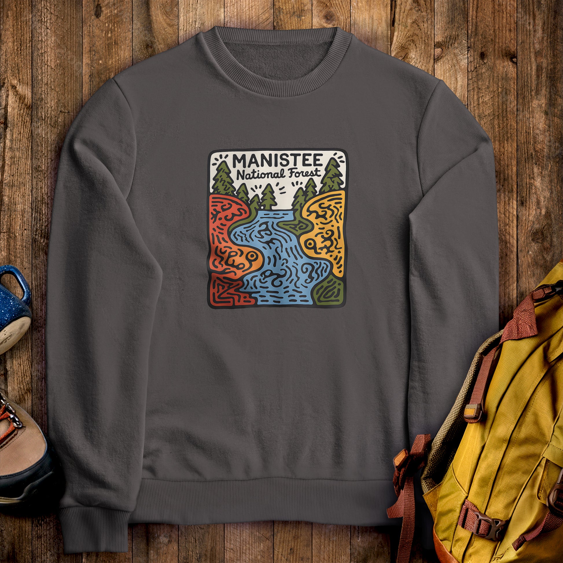 Manistee National Forest Crewneck Sweatshirt Charcoal Adventure and Outdoors Themed Sweatshirt