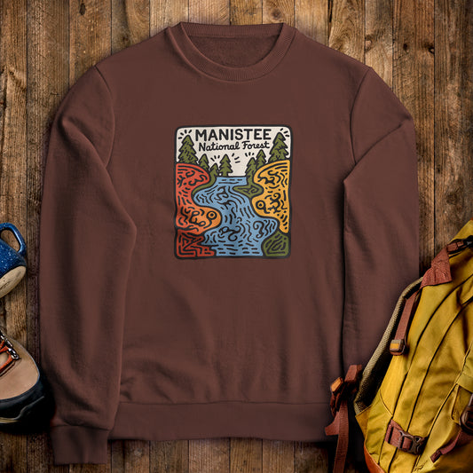 Manistee National Forest Crewneck Sweatshirt Cocoa Adventure and Outdoors Themed Sweatshirt