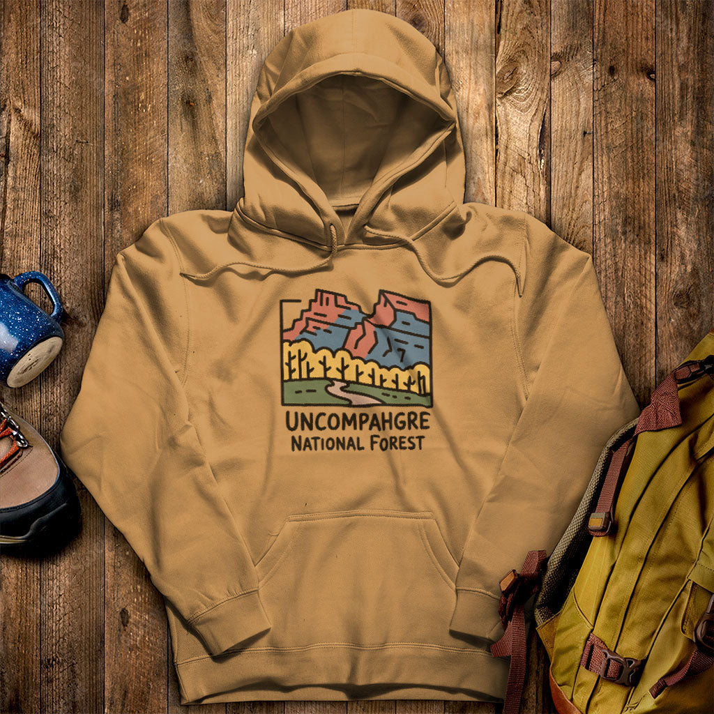 Uncompahgre National Forest Hoodie Mustard Adventure and Outdoors Themed Hoodie