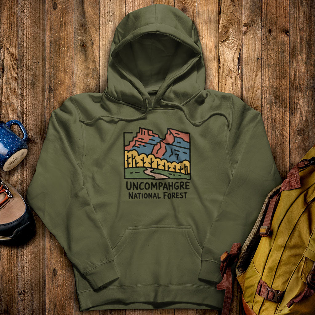 Uncompahgre National Forest Hoodie Military Green Adventure and Outdoors Themed Hoodie
