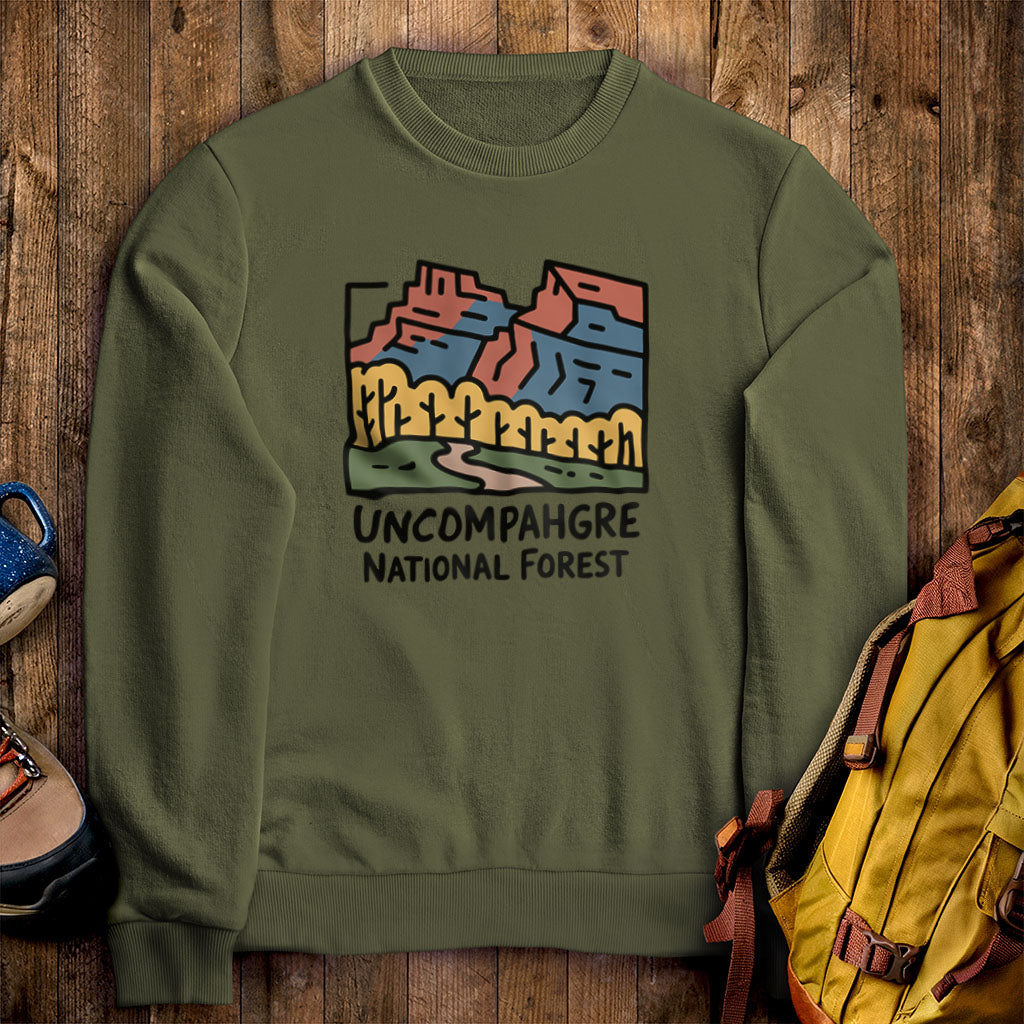 Uncompahgre National Forest Crewneck Sweatshirt Military Green Adventure and Outdoors Themed Sweatshirt