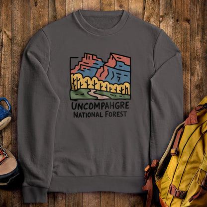 Uncompahgre National Forest Crewneck Sweatshirt Charcoal Adventure and Outdoors Themed Sweatshirt