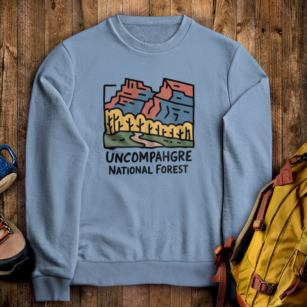 Uncompahgre National Forest Crewneck Sweatshirt Stone Blue Adventure and Outdoors Themed Sweatshirt