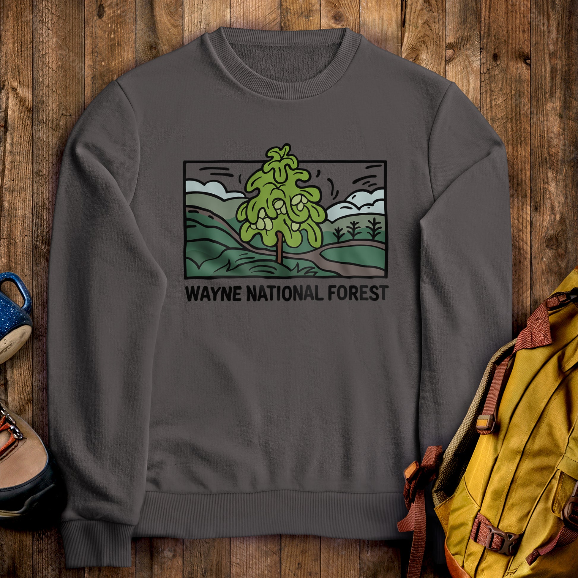 Wayne National Forest Crewneck Sweatshirt Charcoal Adventure and Outdoors Themed Sweatshirt