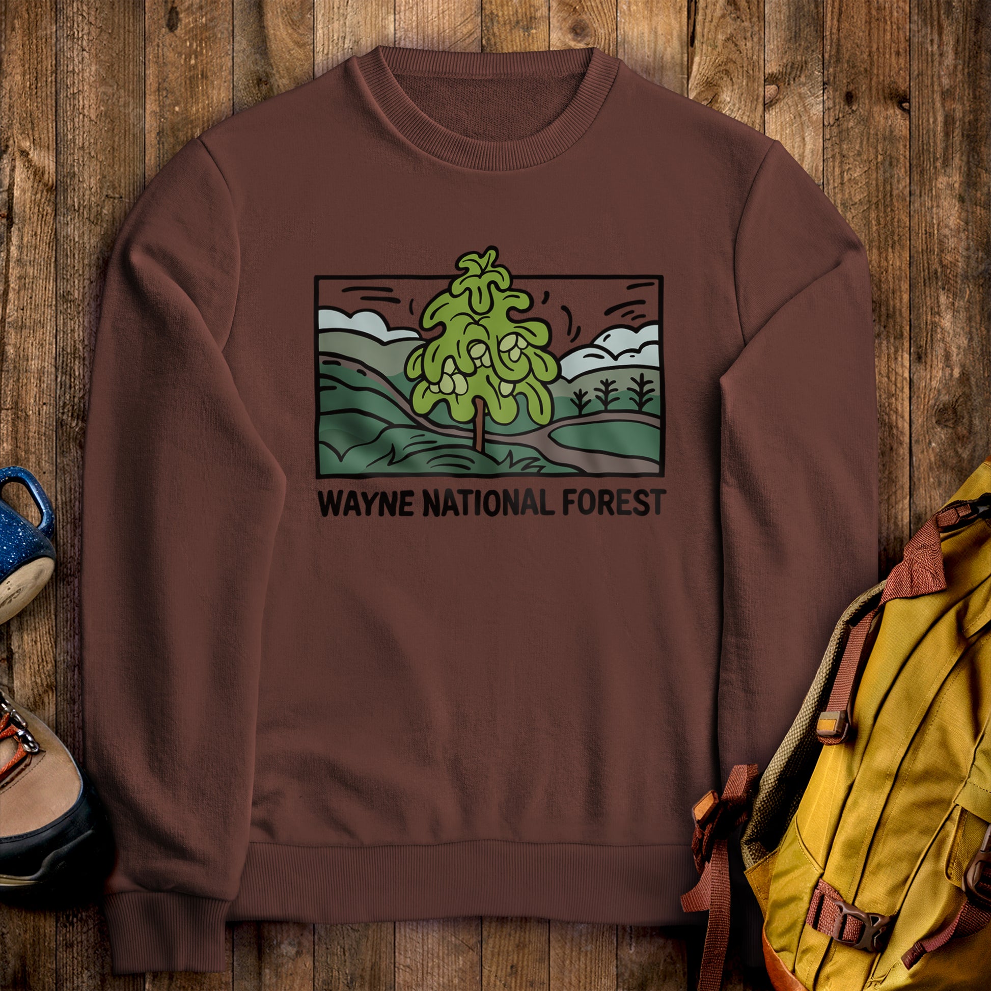 Wayne National Forest Crewneck Sweatshirt Cocoa Adventure and Outdoors Themed Sweatshirt