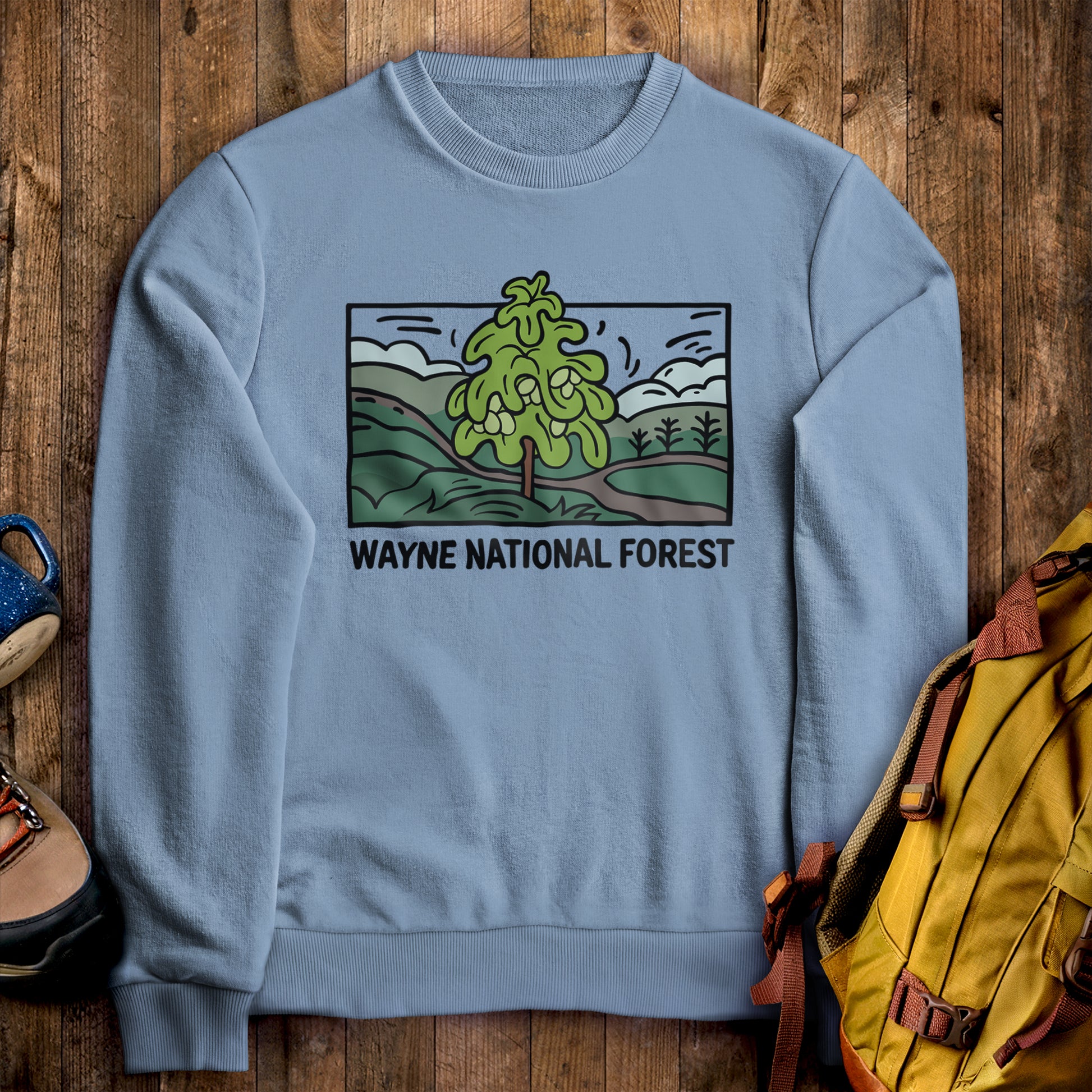 Wayne National Forest Crewneck Sweatshirt Stone Blue Adventure and Outdoors Themed Sweatshirt
