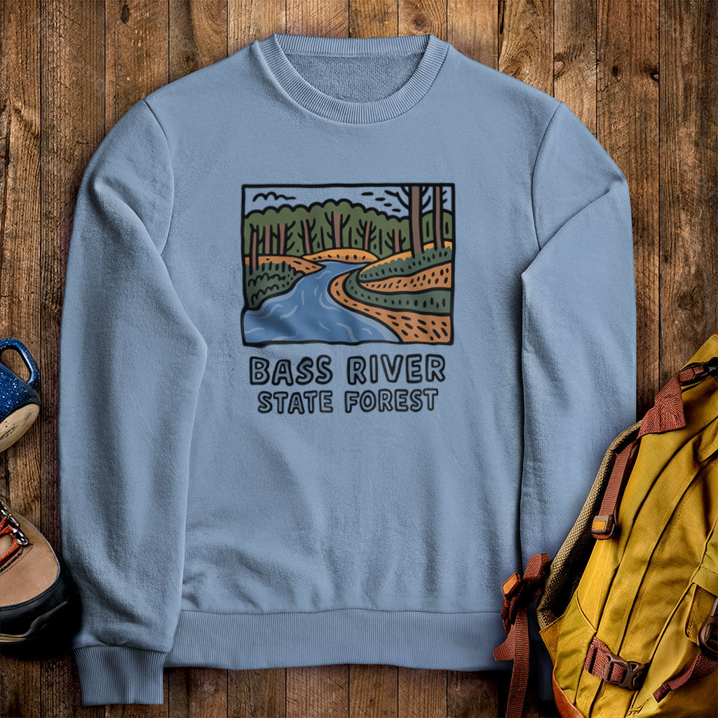 Bass River State Forest Crewneck Sweatshirt Stone Blue Adventure and Outdoors Themed Sweatshirt