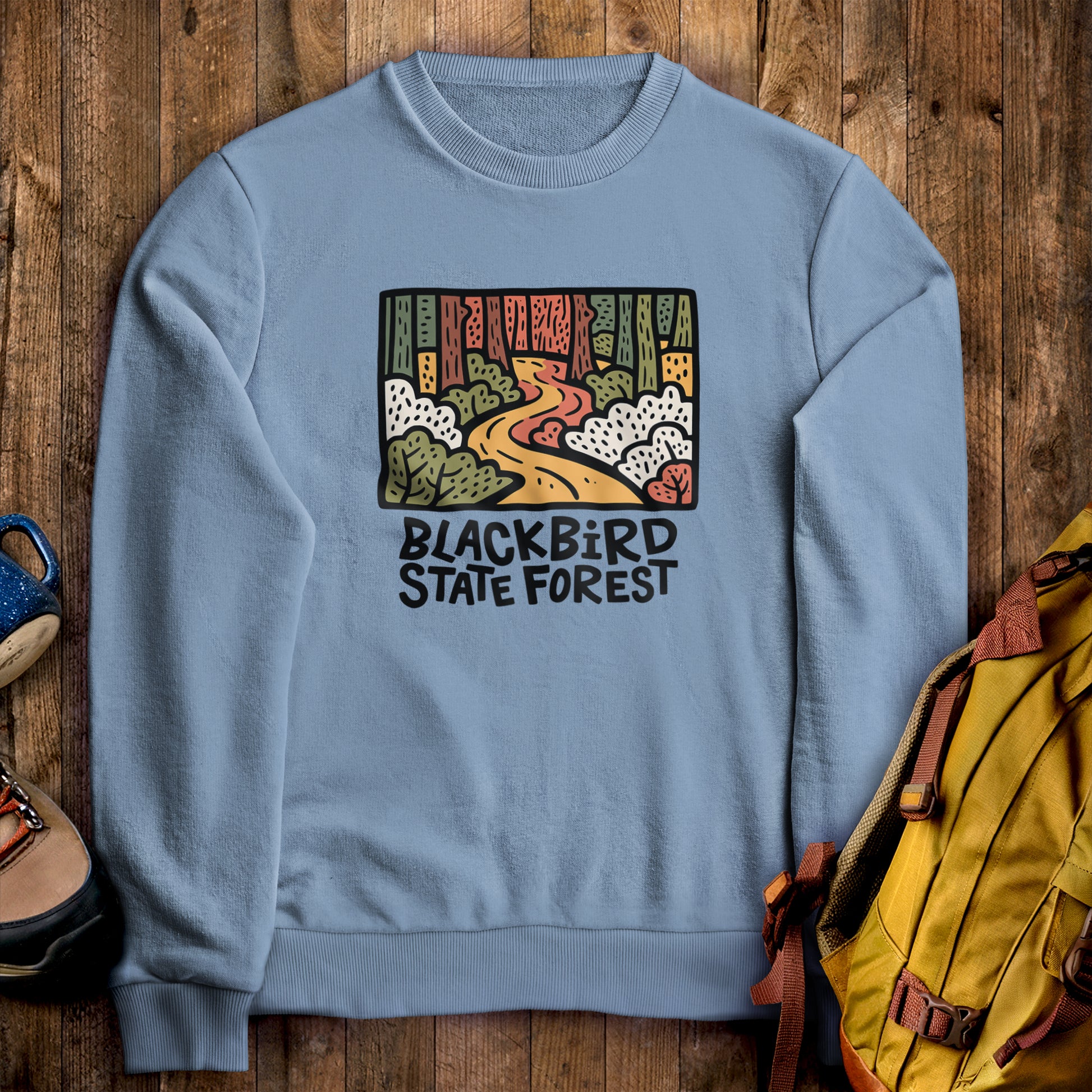 Blackbird State Forest Crewneck Sweatshirt Stone Blue Adventure and Outdoors Themed Sweatshirt