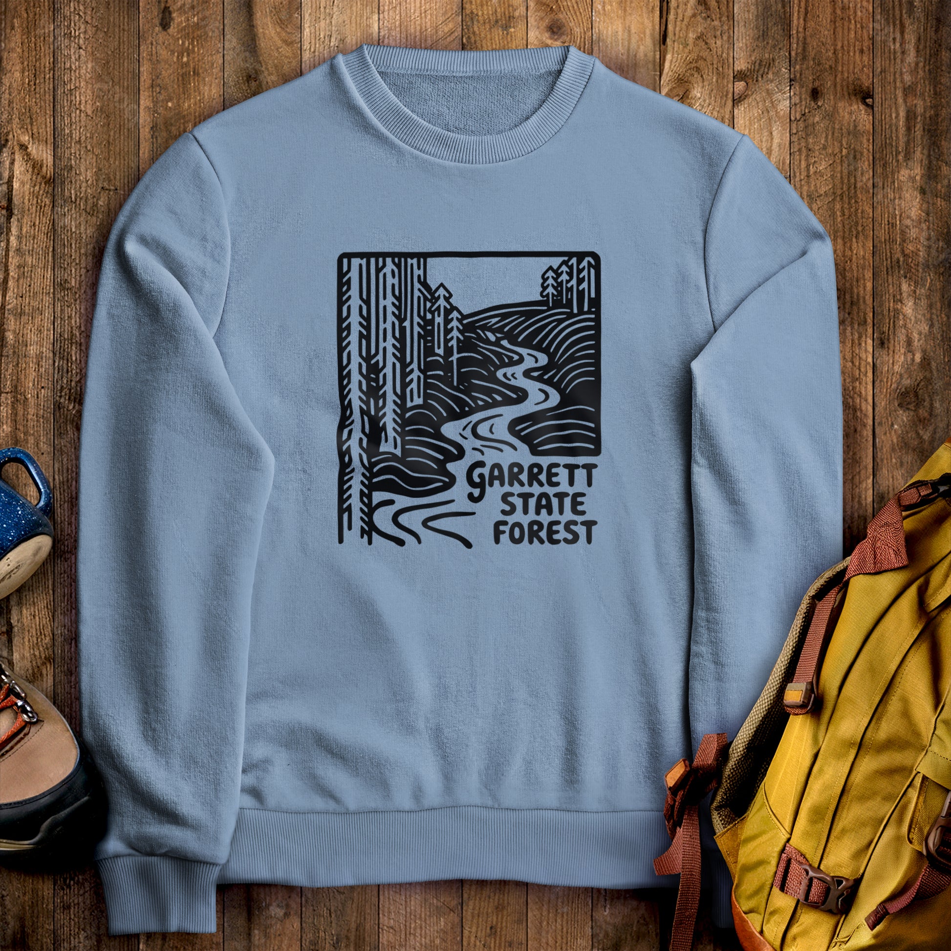 Garrett State Forest Crewneck Sweatshirt Stone Blue Adventure and Outdoors Themed Sweatshirt
