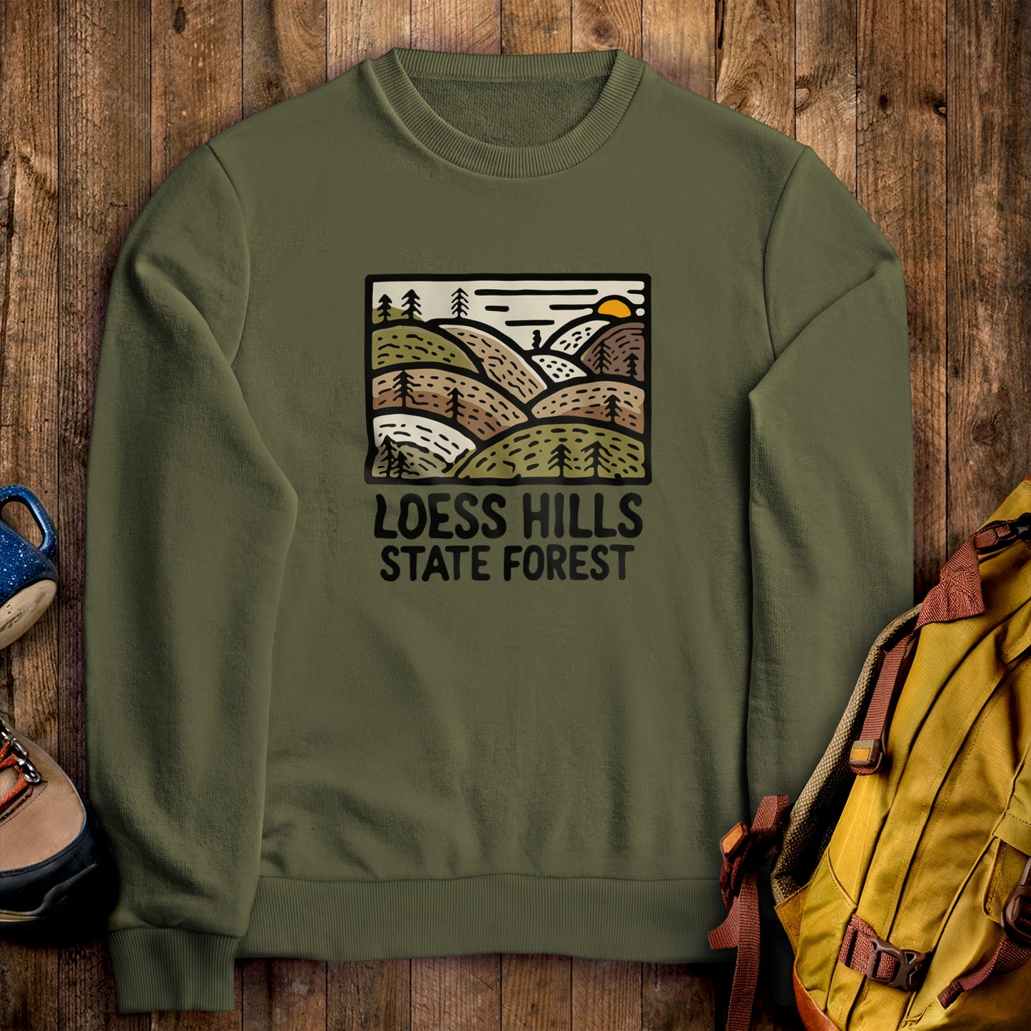 Loess Hills State Forest Crewneck Sweatshirt Military Green Adventure and Outdoors Themed Sweatshirt
