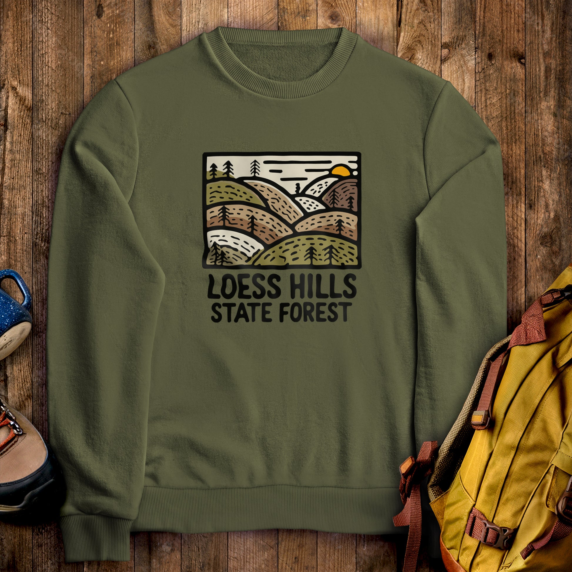 Loess Hills State Forest Crewneck Sweatshirt Military Green Adventure and Outdoors Themed Sweatshirt