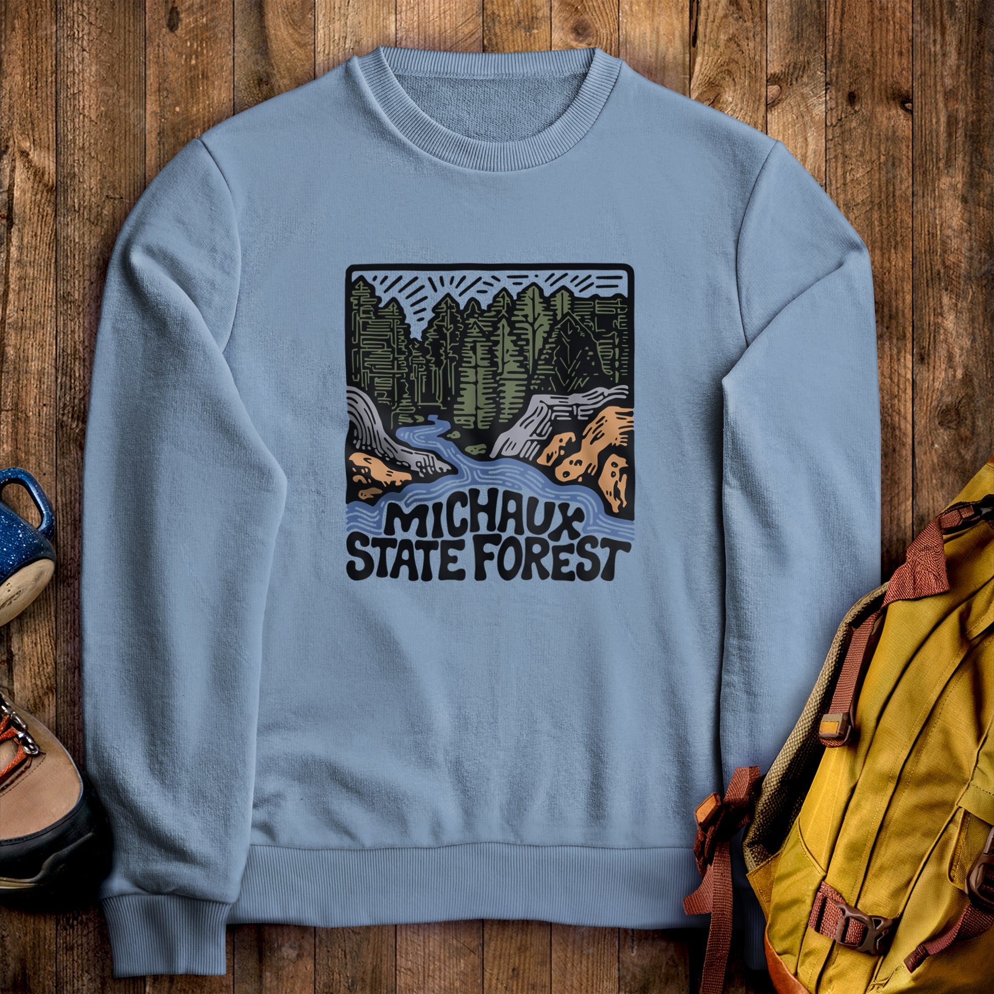 Michaux State Forest Crewneck Sweatshirt Stone Blue Adventure and Outdoors Themed Sweatshirt