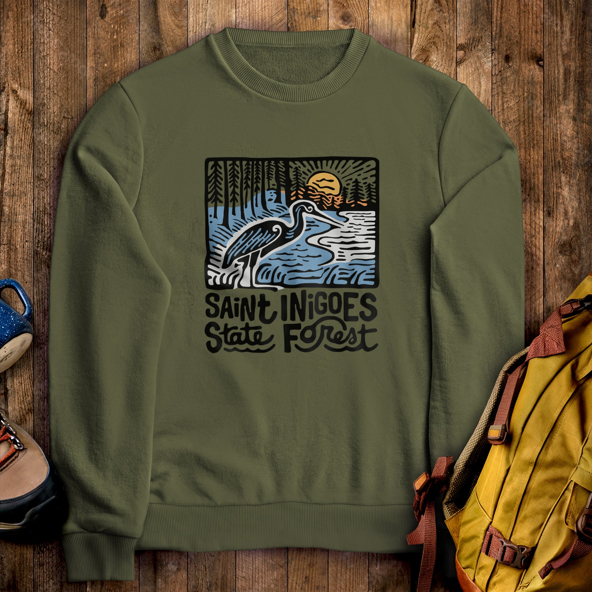 Saint Inigoes State Forest Crewneck Sweatshirt Military Green Adventure and Outdoors Themed Sweatshirt