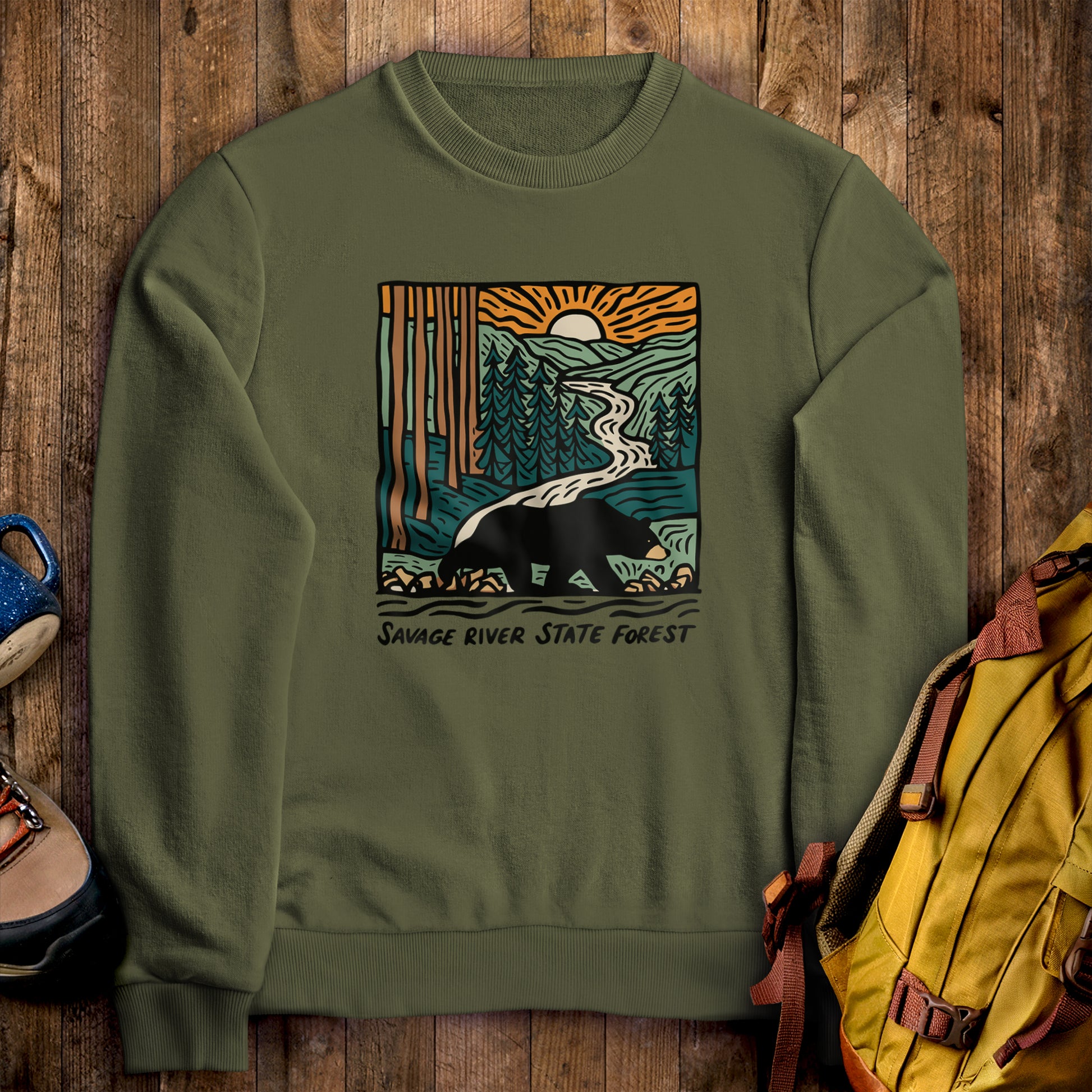 Savage River State Forest Crewneck Sweatshirt Military Green Adventure and Outdoors Themed Sweatshirt