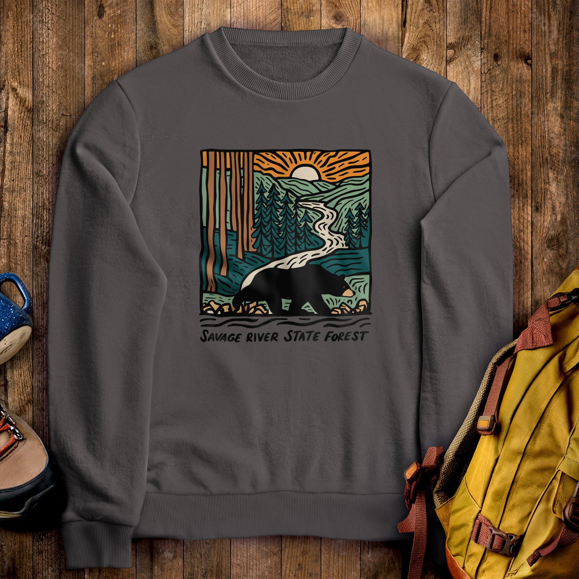 Savage River State Forest Crewneck Sweatshirt Charcoal Adventure and Outdoors Themed Sweatshirt
