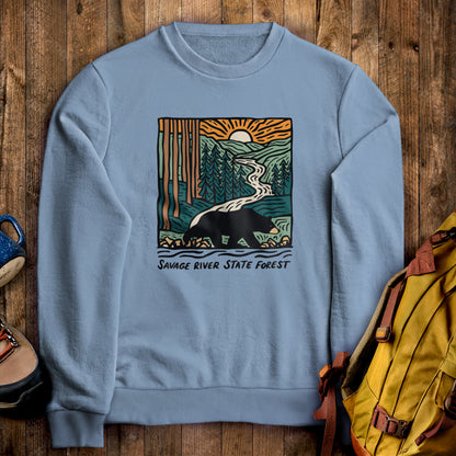 Savage River State Forest Crewneck Sweatshirt Stone Blue Adventure and Outdoors Themed Sweatshirt