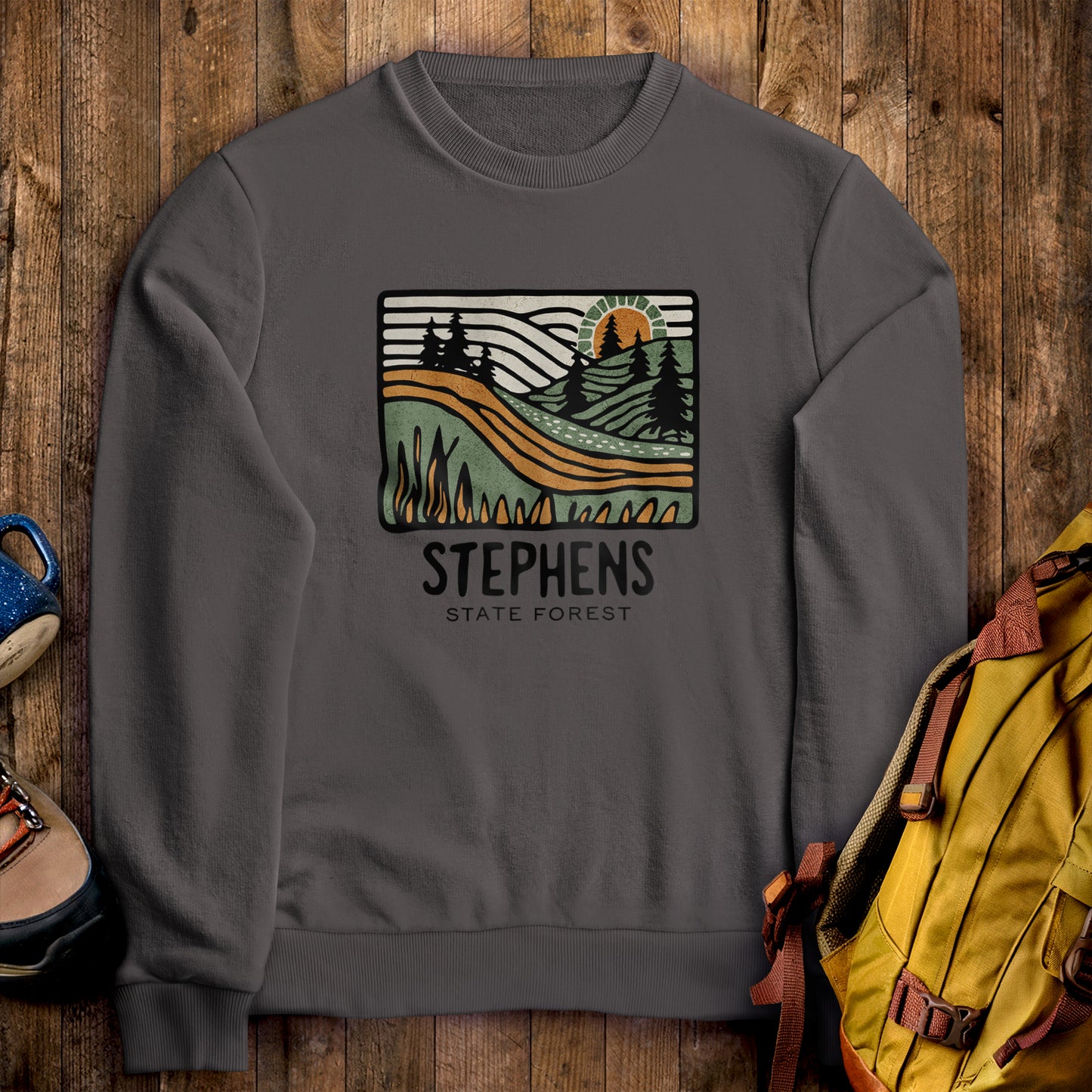 Stephens State Forest Crewneck Sweatshirt Charcoal Adventure and Outdoors Themed Sweatshirt