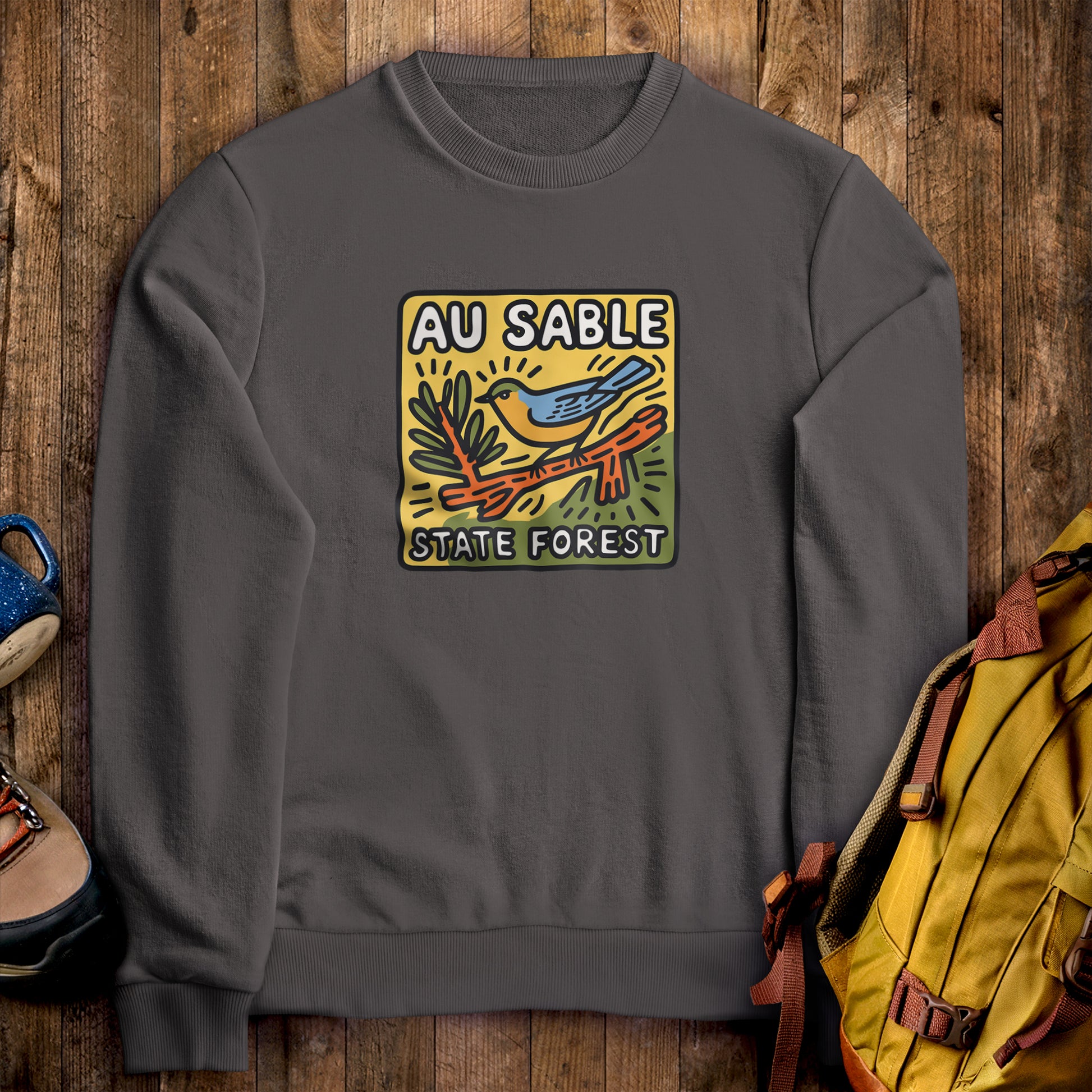 Au Sable State Forest Crewneck Sweatshirt Charcoal Adventure and Outdoors Themed Sweatshirt