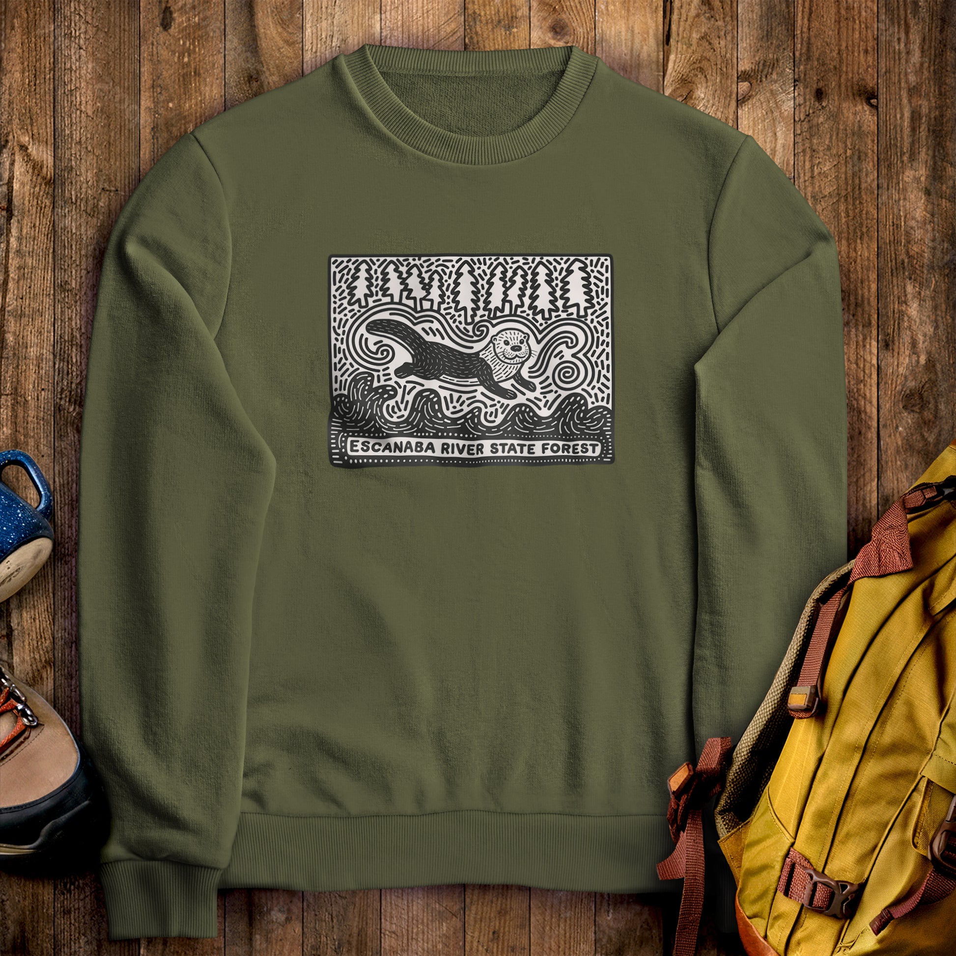 Escanaba River State Forest Crewneck Sweatshirt Military Green Adventure and Outdoors Themed Sweatshirt