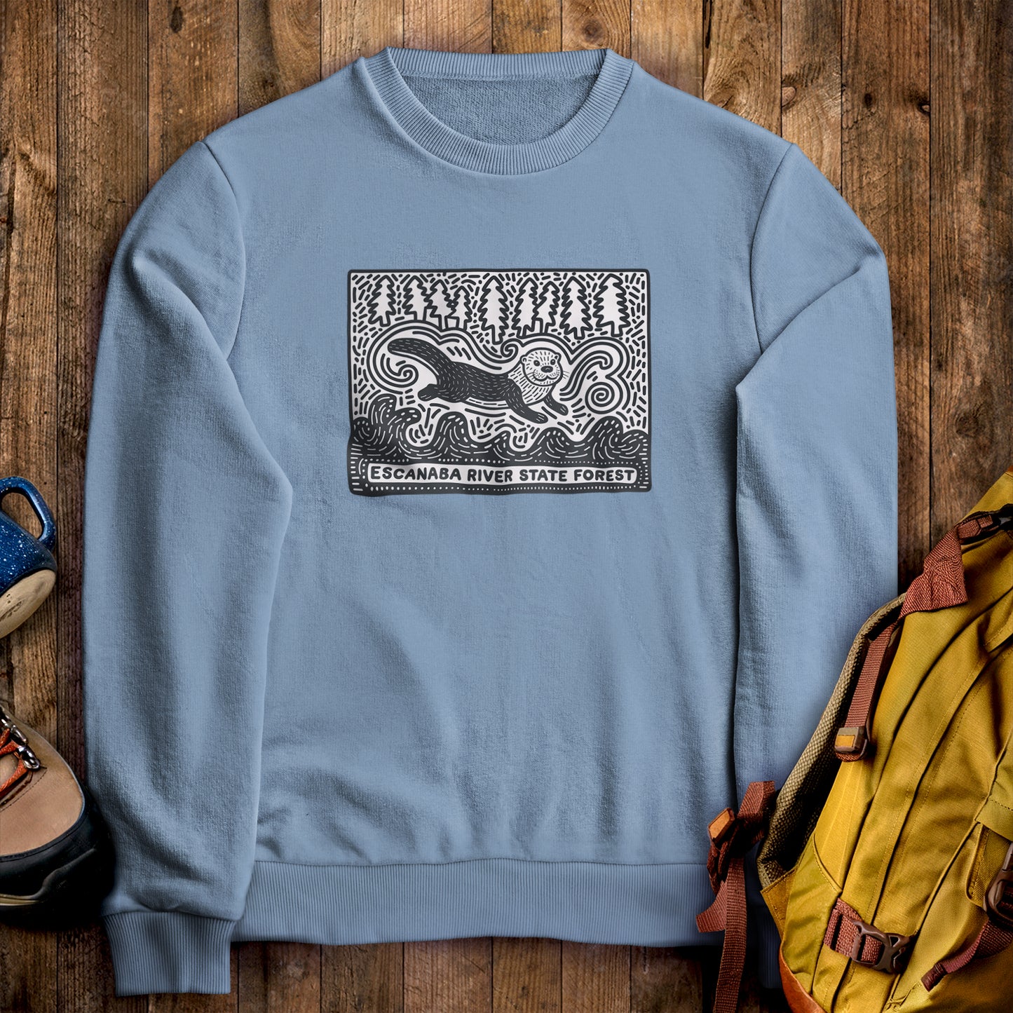 Escanaba River State Forest Crewneck Sweatshirt Stone Blue Adventure and Outdoors Themed Sweatshirt