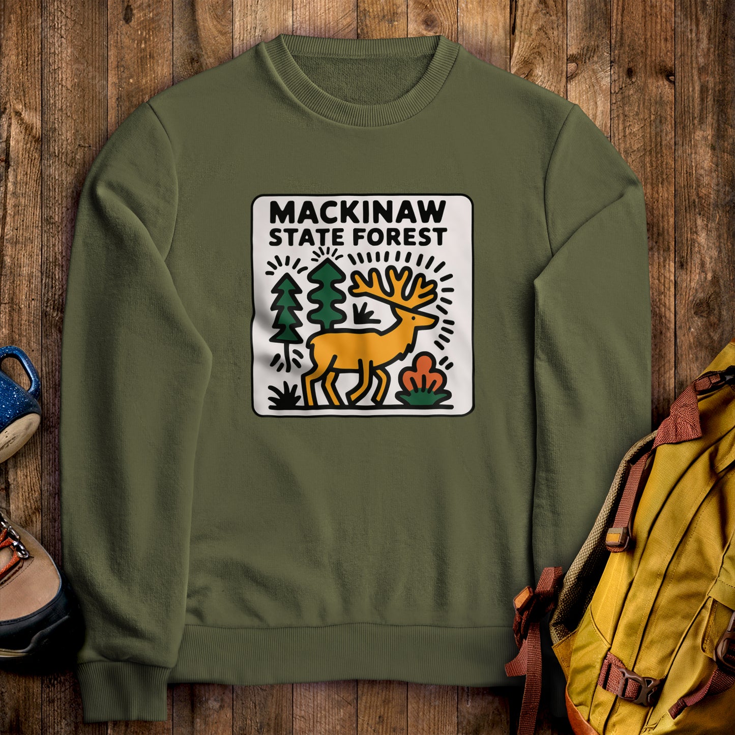 Mackinaw State Forest Crewneck Sweatshirt Military Green Adventure and Outdoors Themed Sweatshirt
