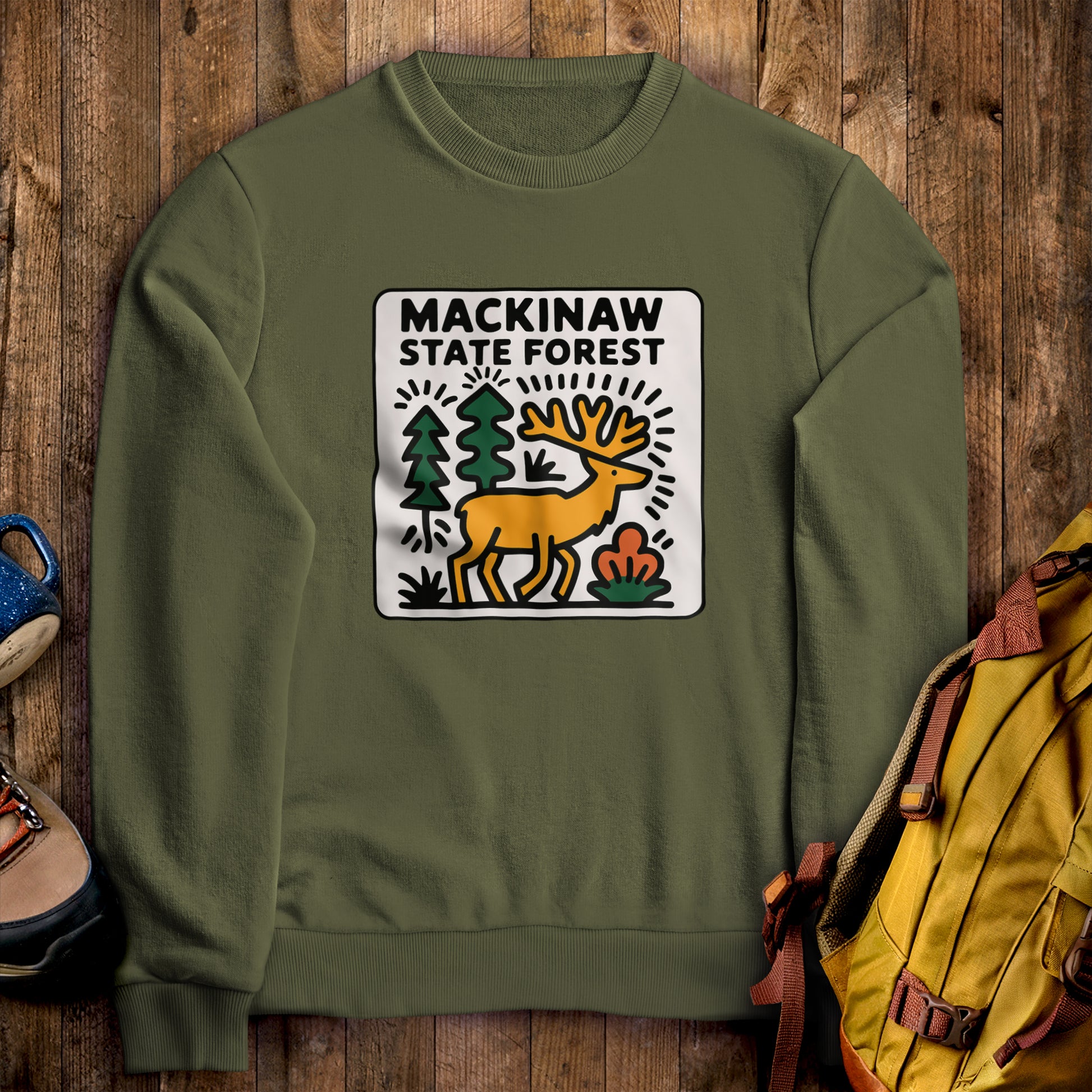 Mackinaw State Forest Crewneck Sweatshirt Military Green Adventure and Outdoors Themed Sweatshirt