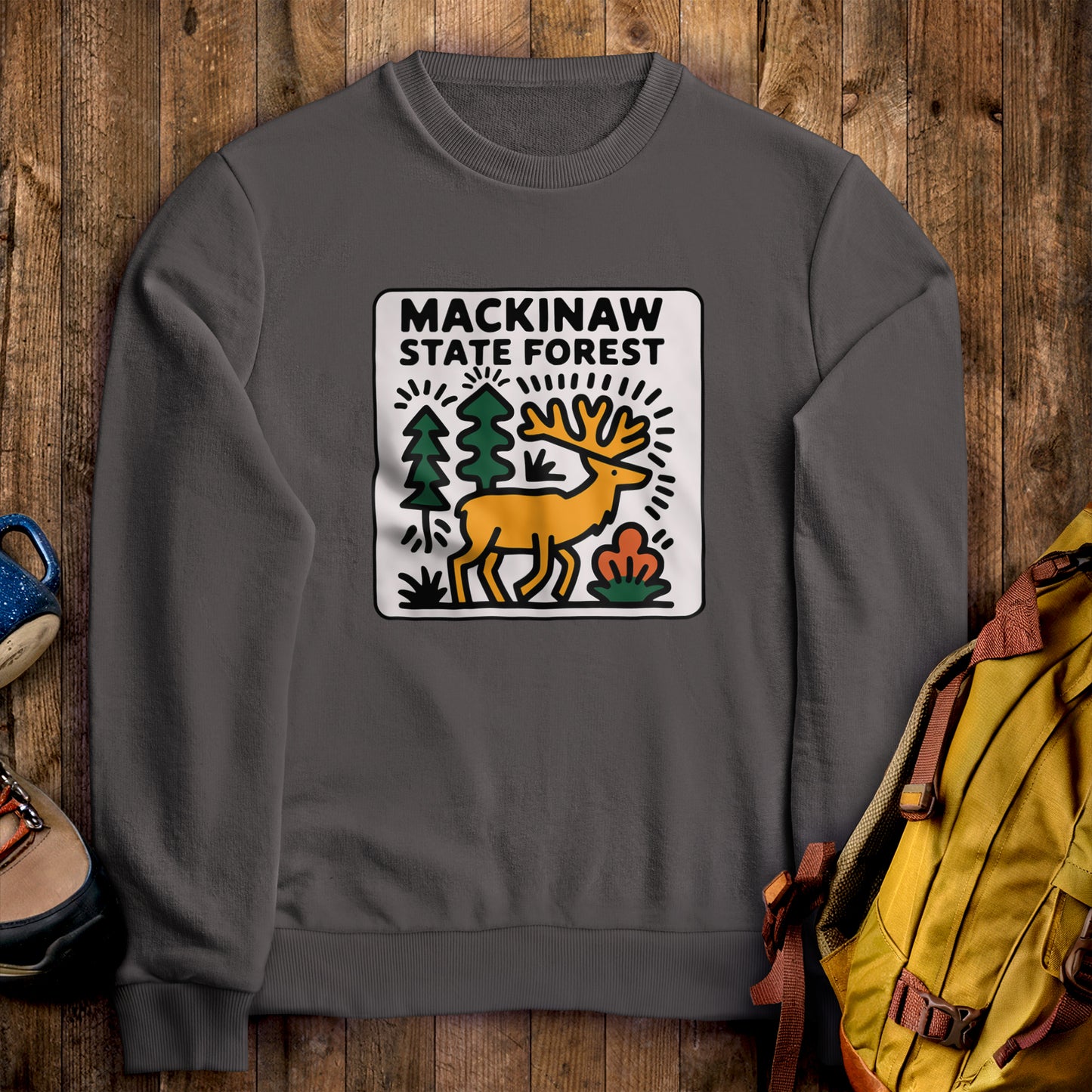 Mackinaw State Forest Crewneck Sweatshirt Charcoal Adventure and Outdoors Themed Sweatshirt