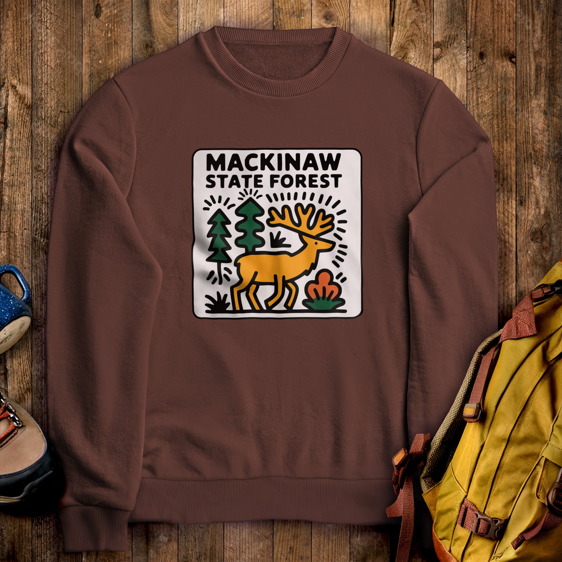 Mackinaw State Forest Crewneck Sweatshirt Cocoa Adventure and Outdoors Themed Sweatshirt