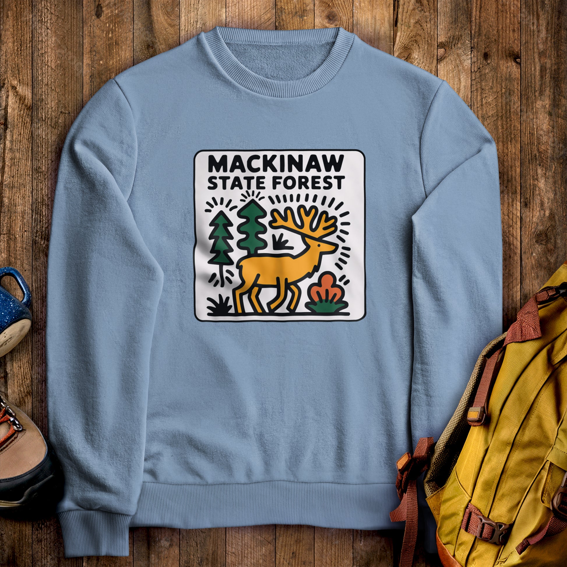 Mackinaw State Forest Crewneck Sweatshirt Stone Blue Adventure and Outdoors Themed Sweatshirt