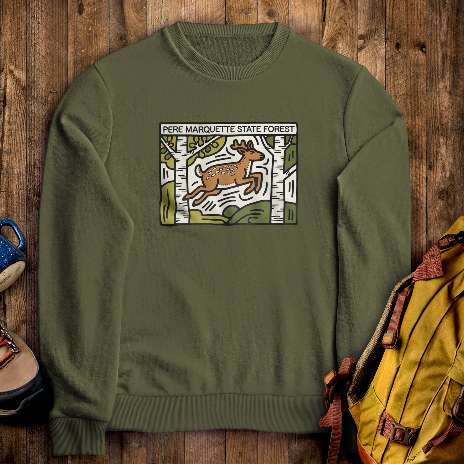 Pere Marquette State Forest Crewneck Sweatshirt Military Green Adventure and Outdoors Themed Sweatshirt