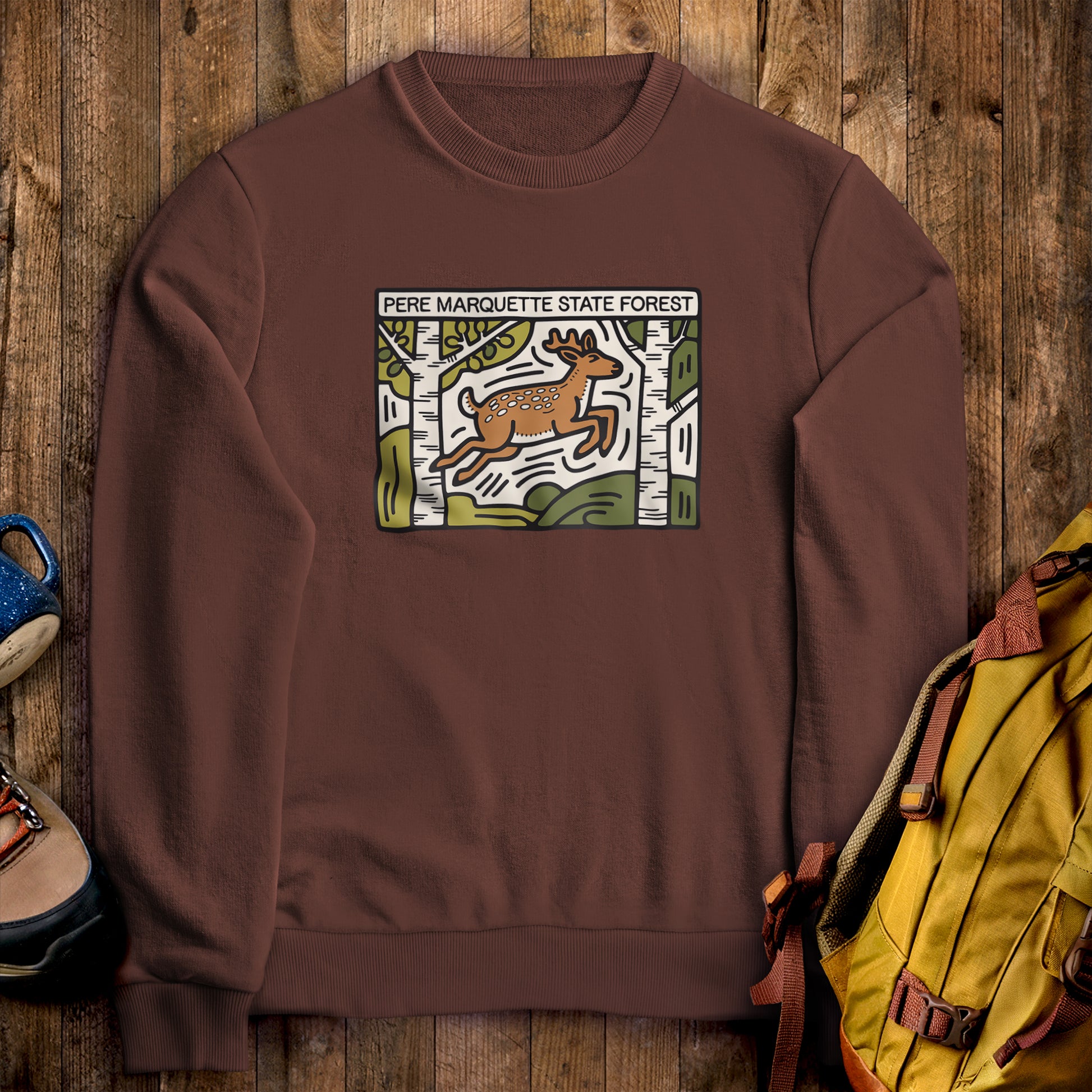 Pere Marquette State Forest Crewneck Sweatshirt Cocoa Adventure and Outdoors Themed Sweatshirt
