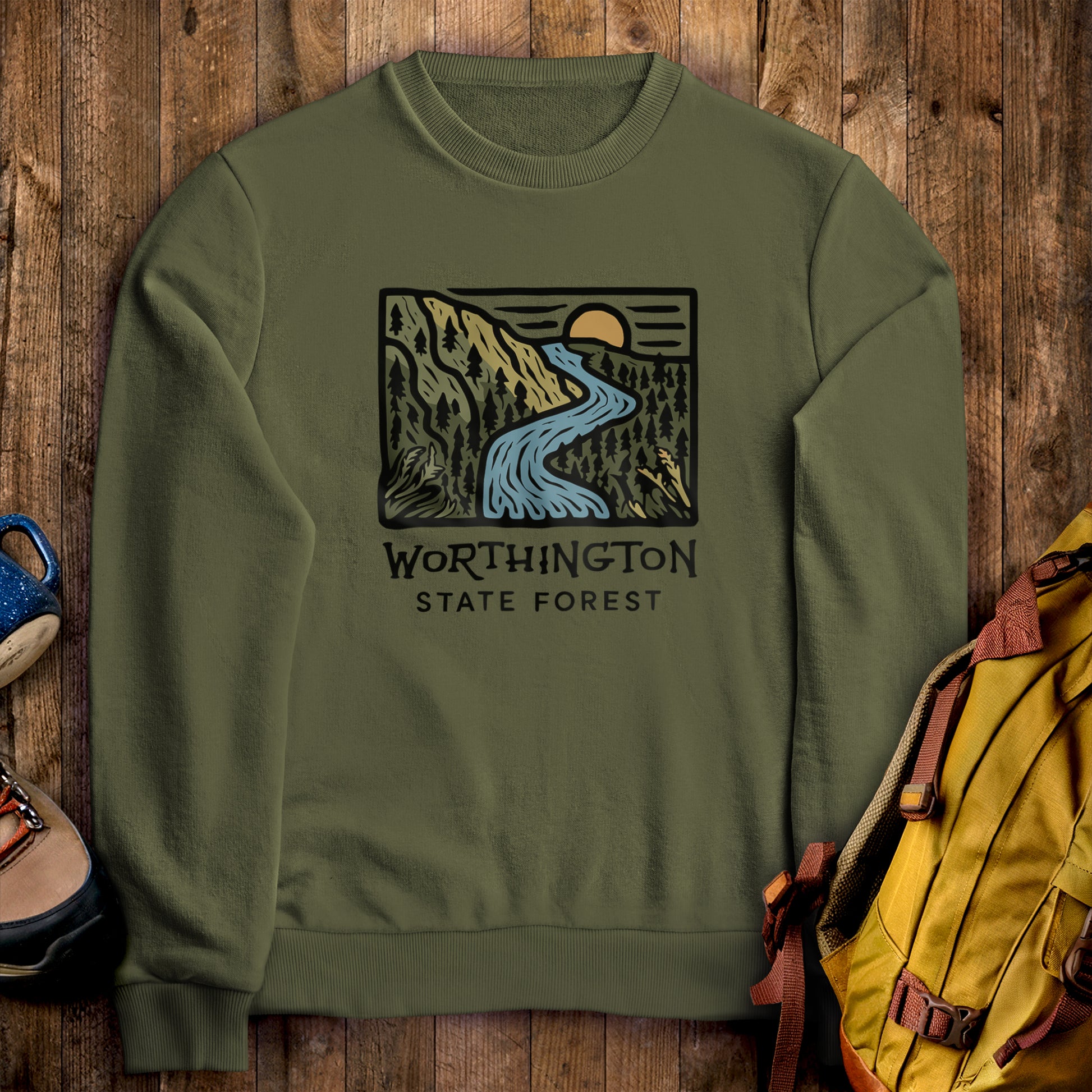 Worthington State Forest Crewneck Sweatshirt Military Green Adventure and Outdoors Themed Sweatshirt