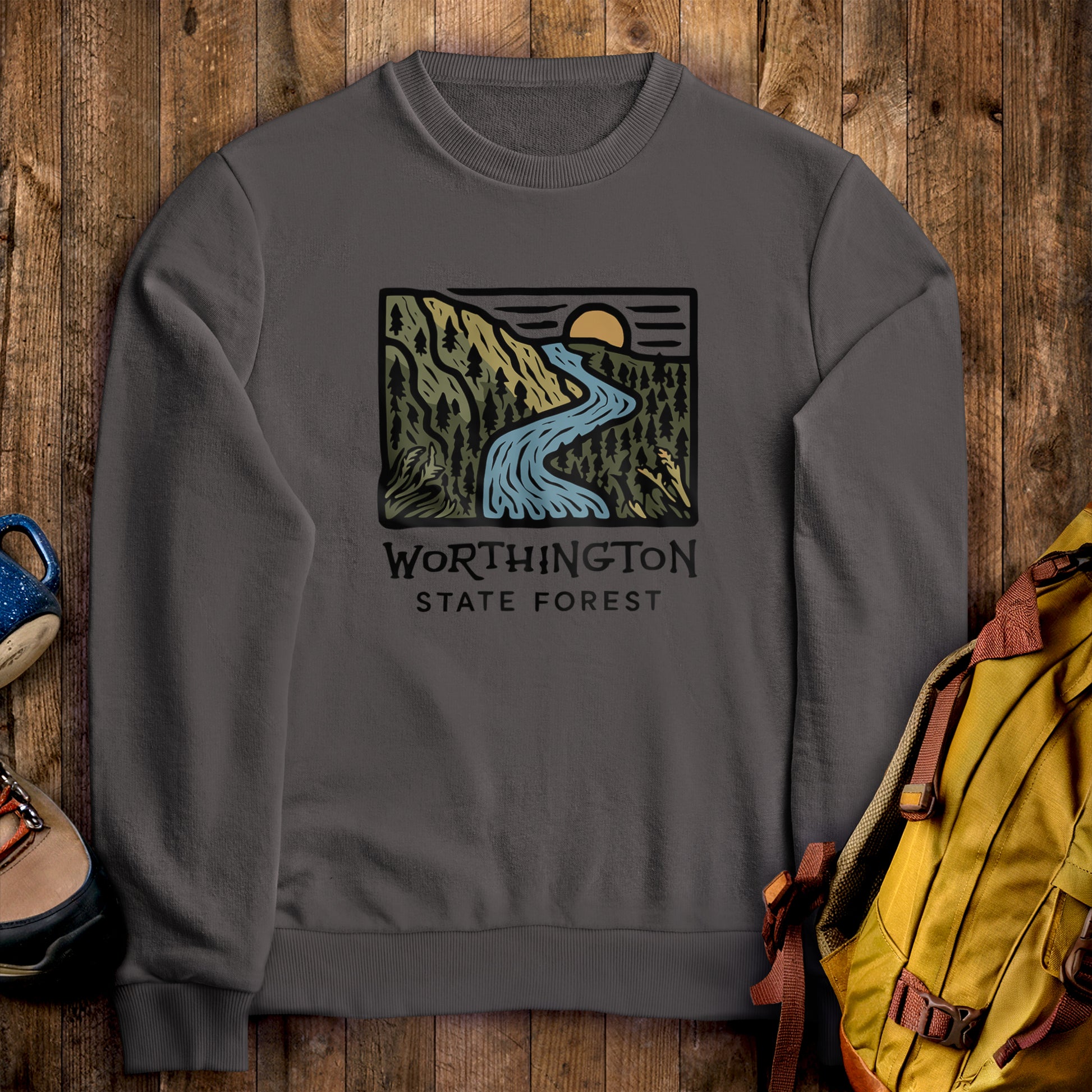 Worthington State Forest Crewneck Sweatshirt Charcoal Adventure and Outdoors Themed Sweatshirt