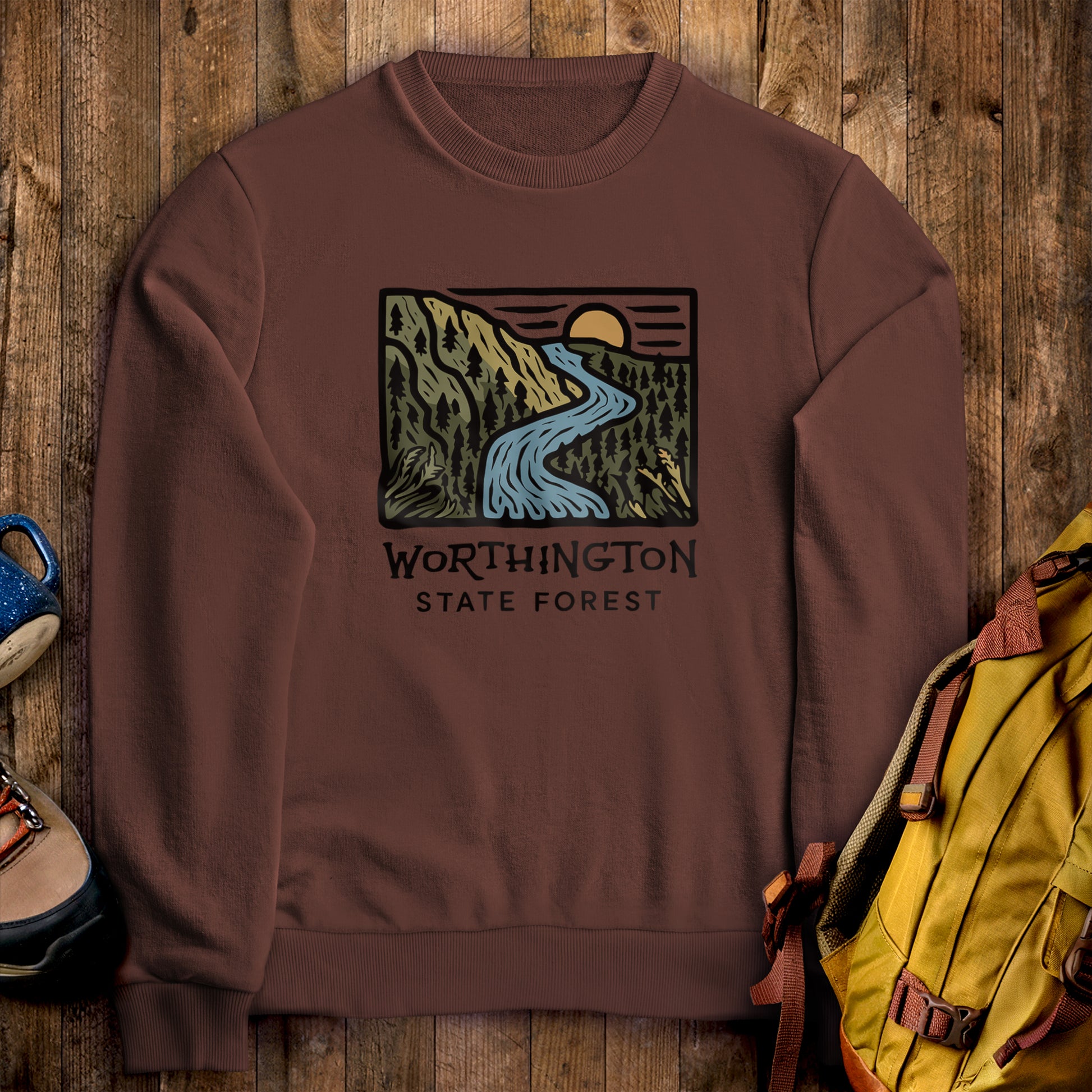 Worthington State Forest Crewneck Sweatshirt Cocoa Adventure and Outdoors Themed Sweatshirt