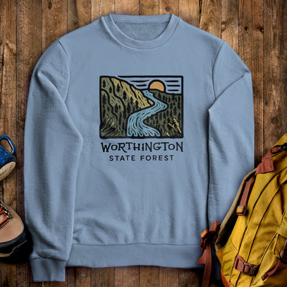 Worthington State Forest Crewneck Sweatshirt Stone Blue Adventure and Outdoors Themed Sweatshirt