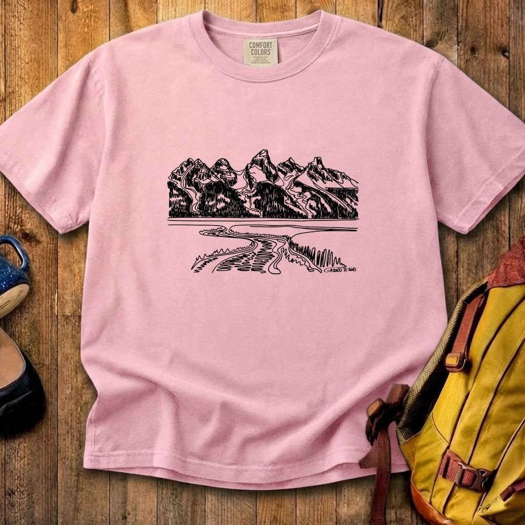 Grand Tetons Line Drawing Cotton T-Shirt