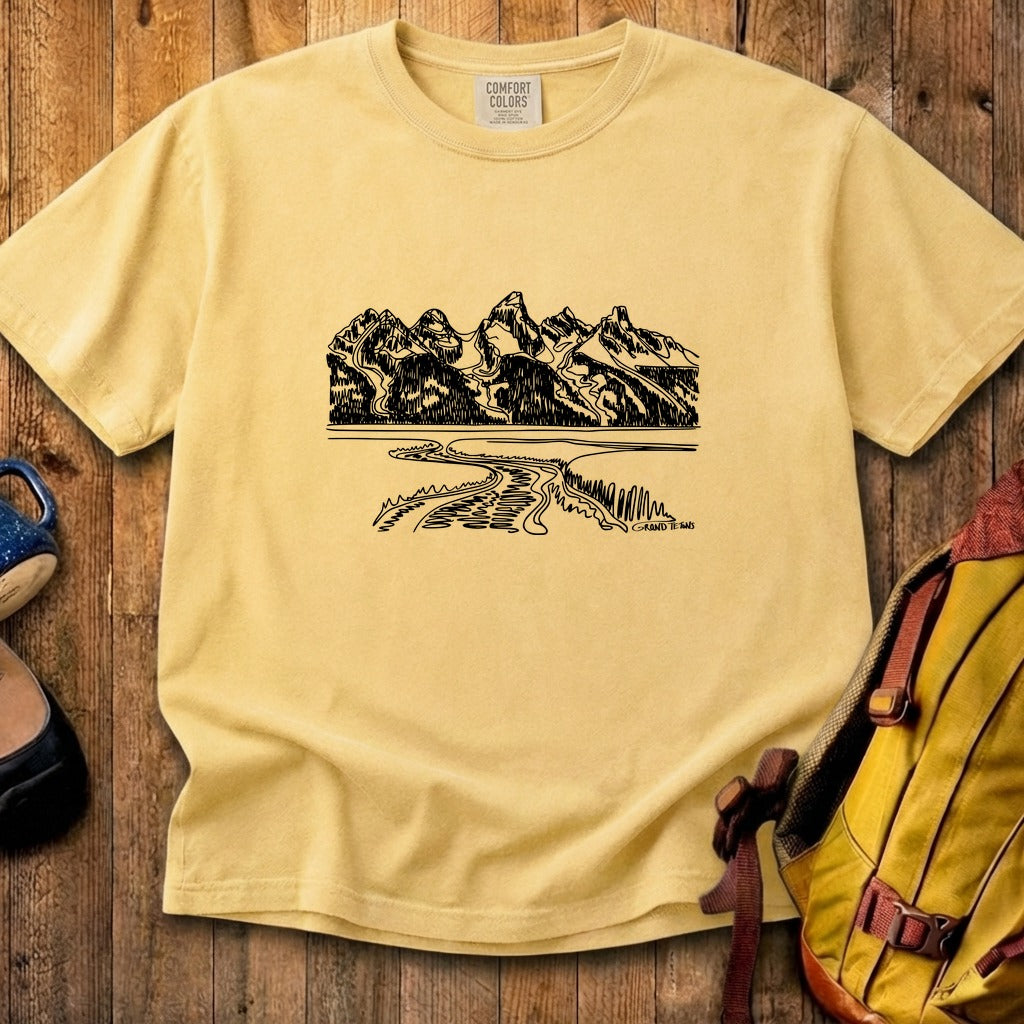 Grand Tetons Line Drawing Cotton T-Shirt