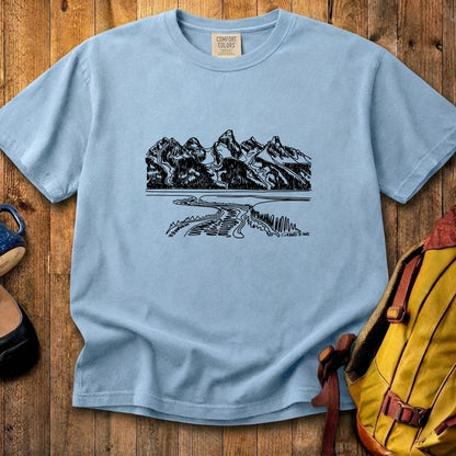 Grand Tetons Line Drawing Cotton T-Shirt