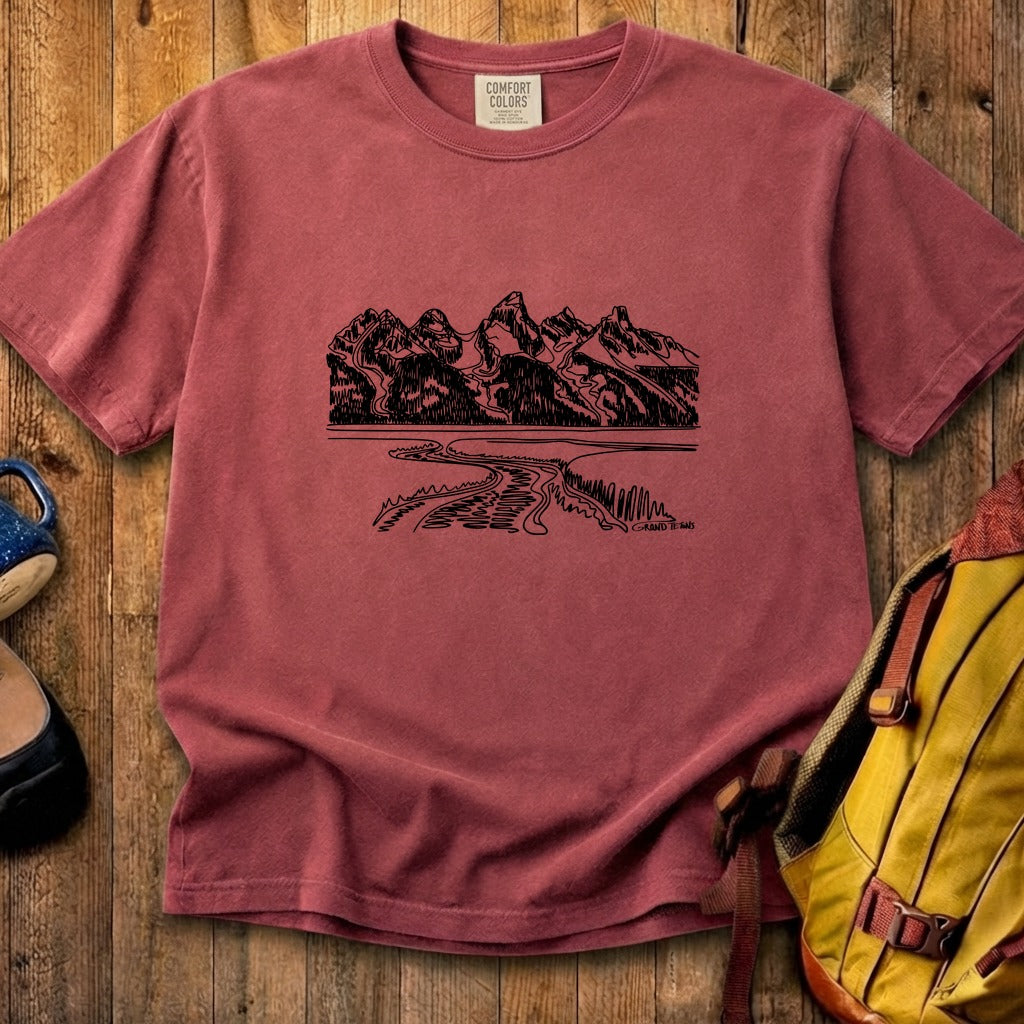 Grand Tetons Line Drawing Cotton T-Shirt