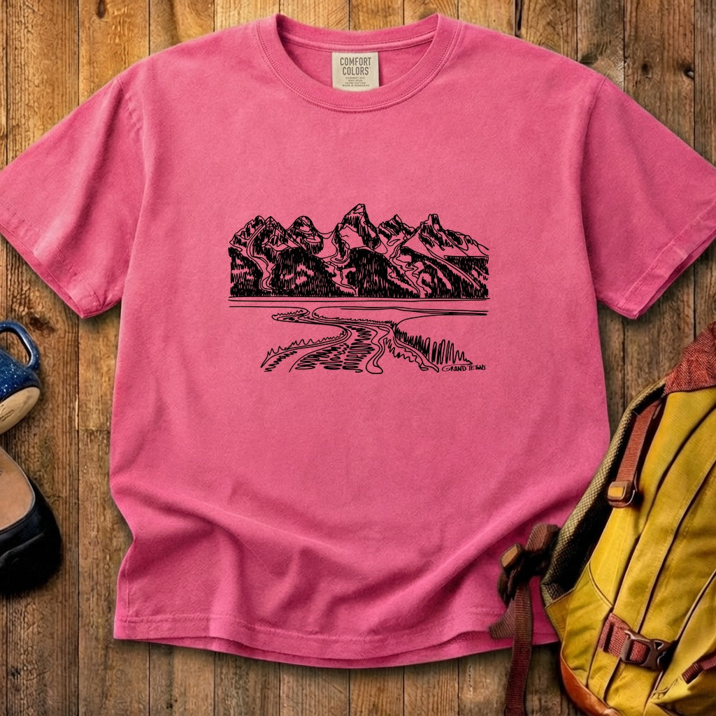 Grand Tetons Line Drawing Cotton T-Shirt
